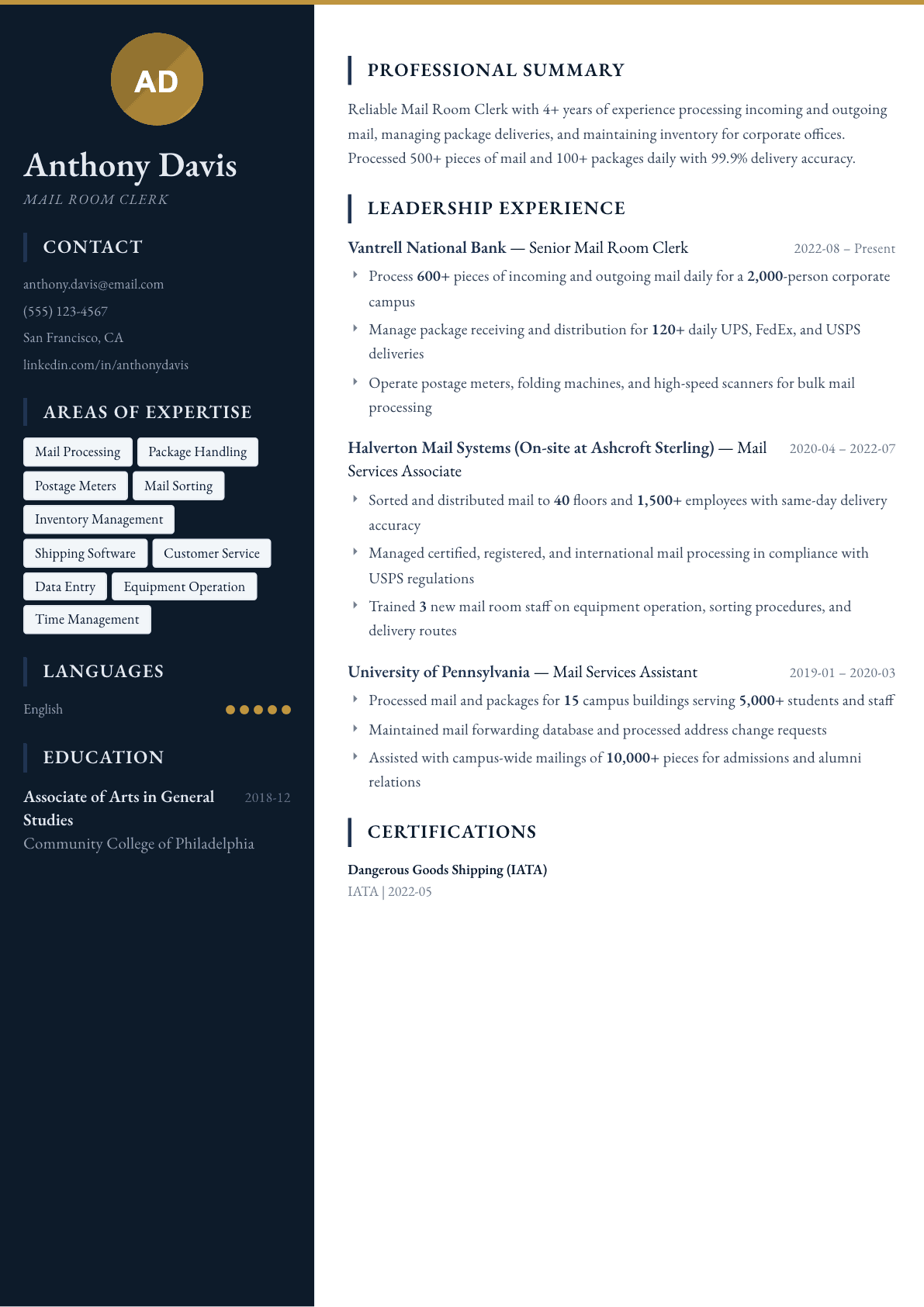 Mail Room Clerk resume example, Presidio template