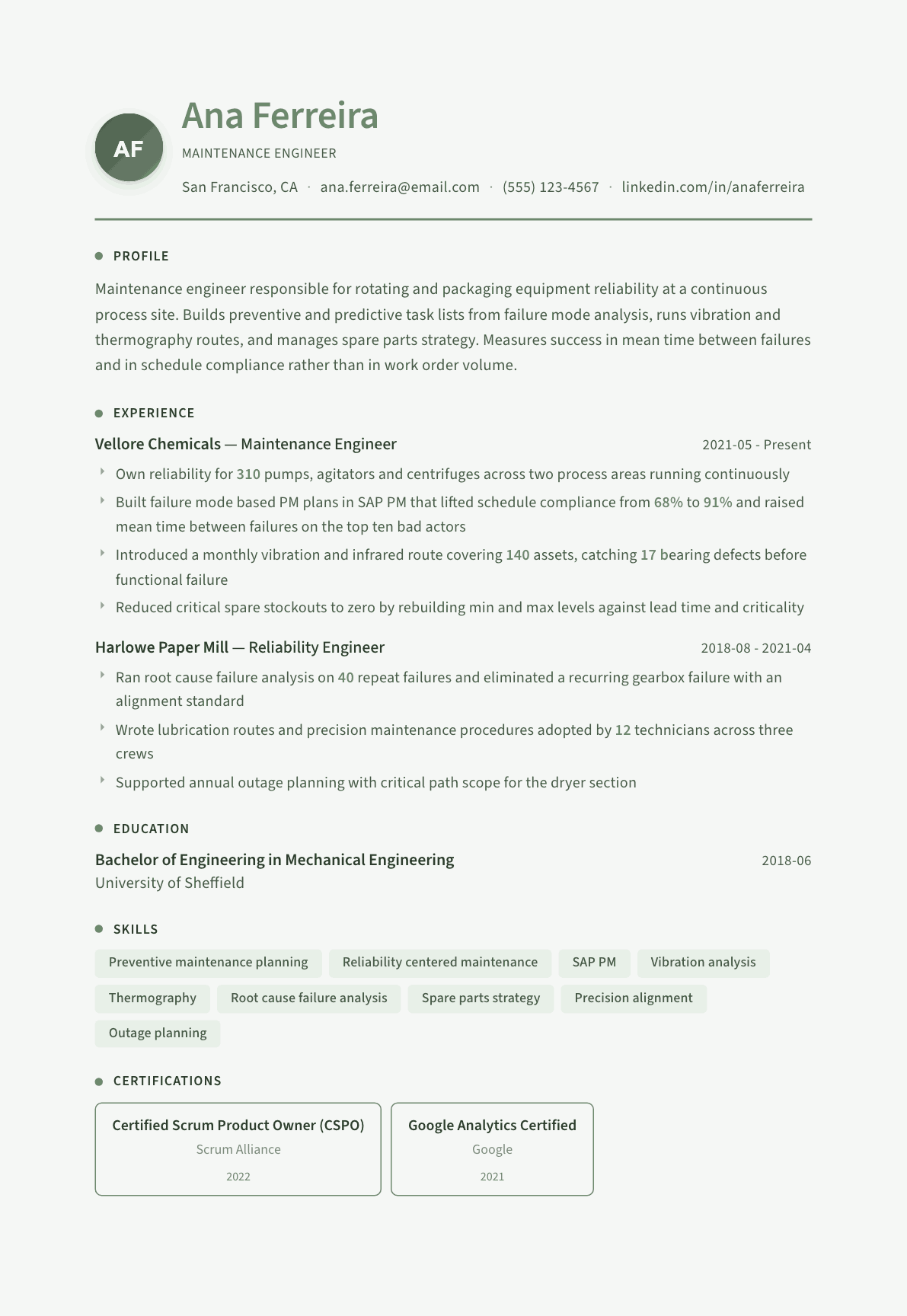 Maintenance Engineer resume example, Sage Garden template