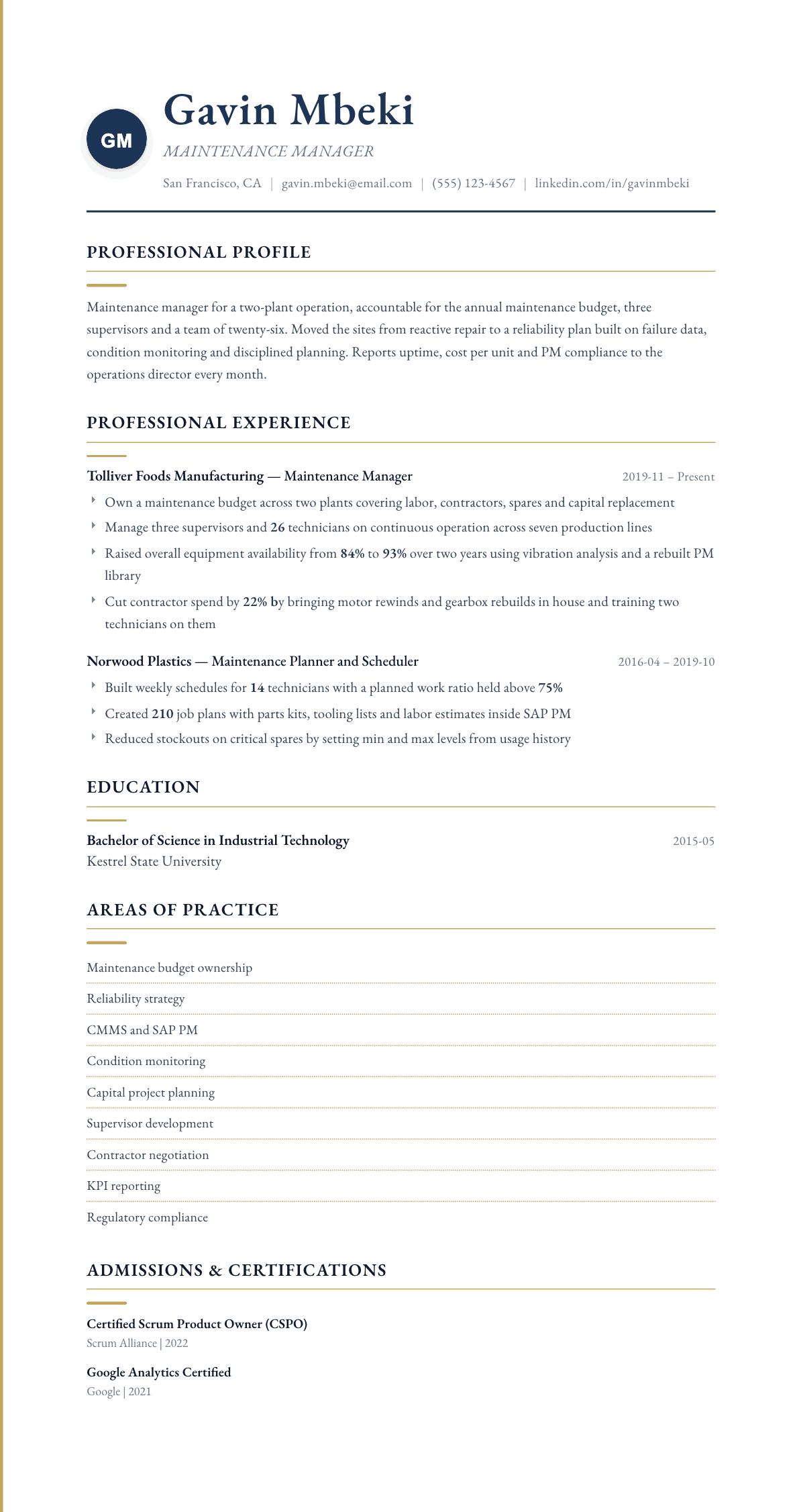 Maintenance Manager resume example, Folio template