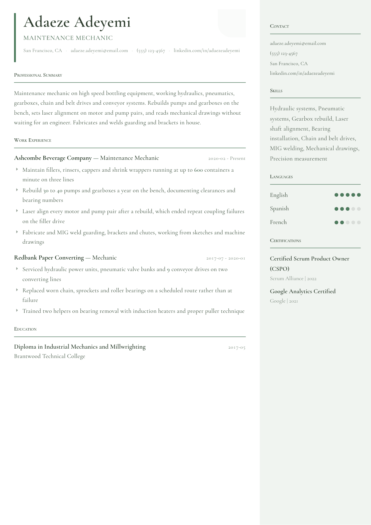 Maintenance Mechanic resume example, Copenhagen template