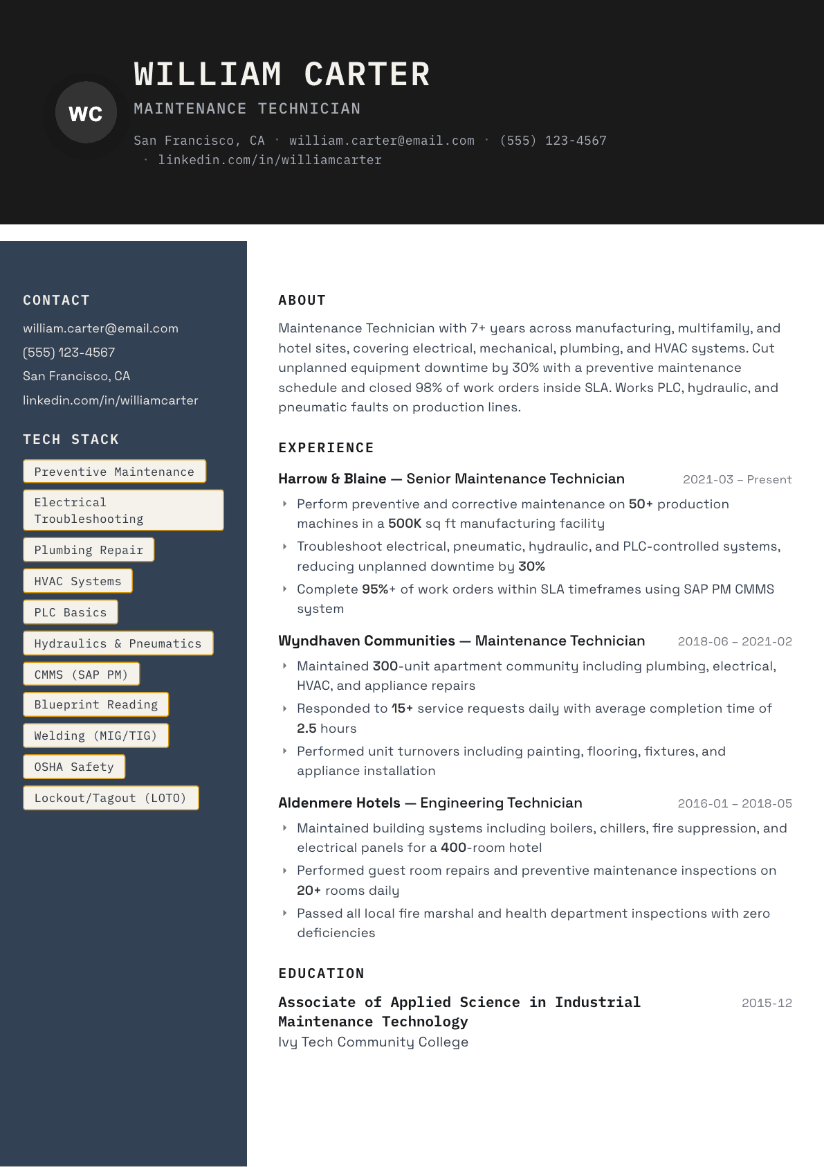 Maintenance Technician resume example, Codebase template