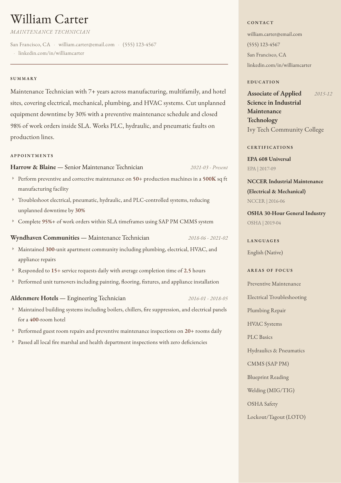 Maintenance Technician resume example, Manuscript template