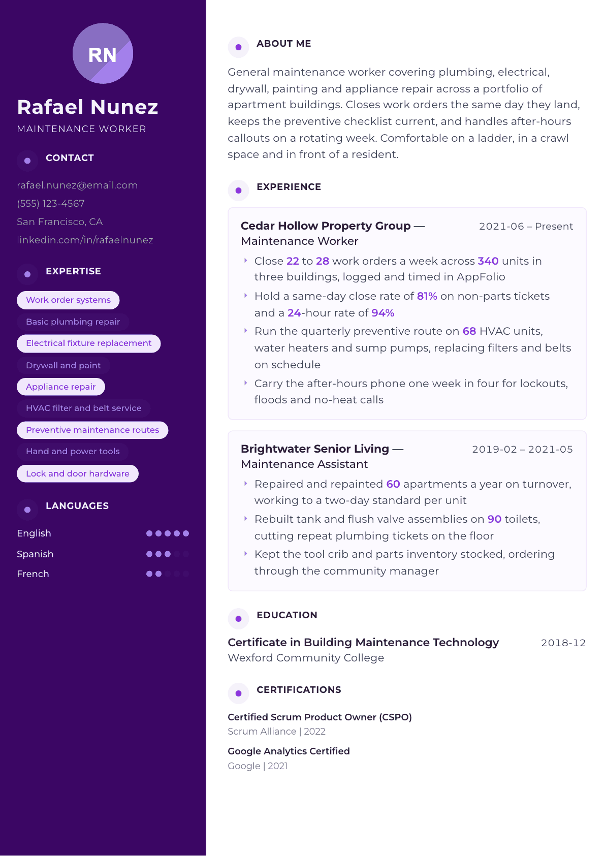 Maintenance Worker resume example, Palette template