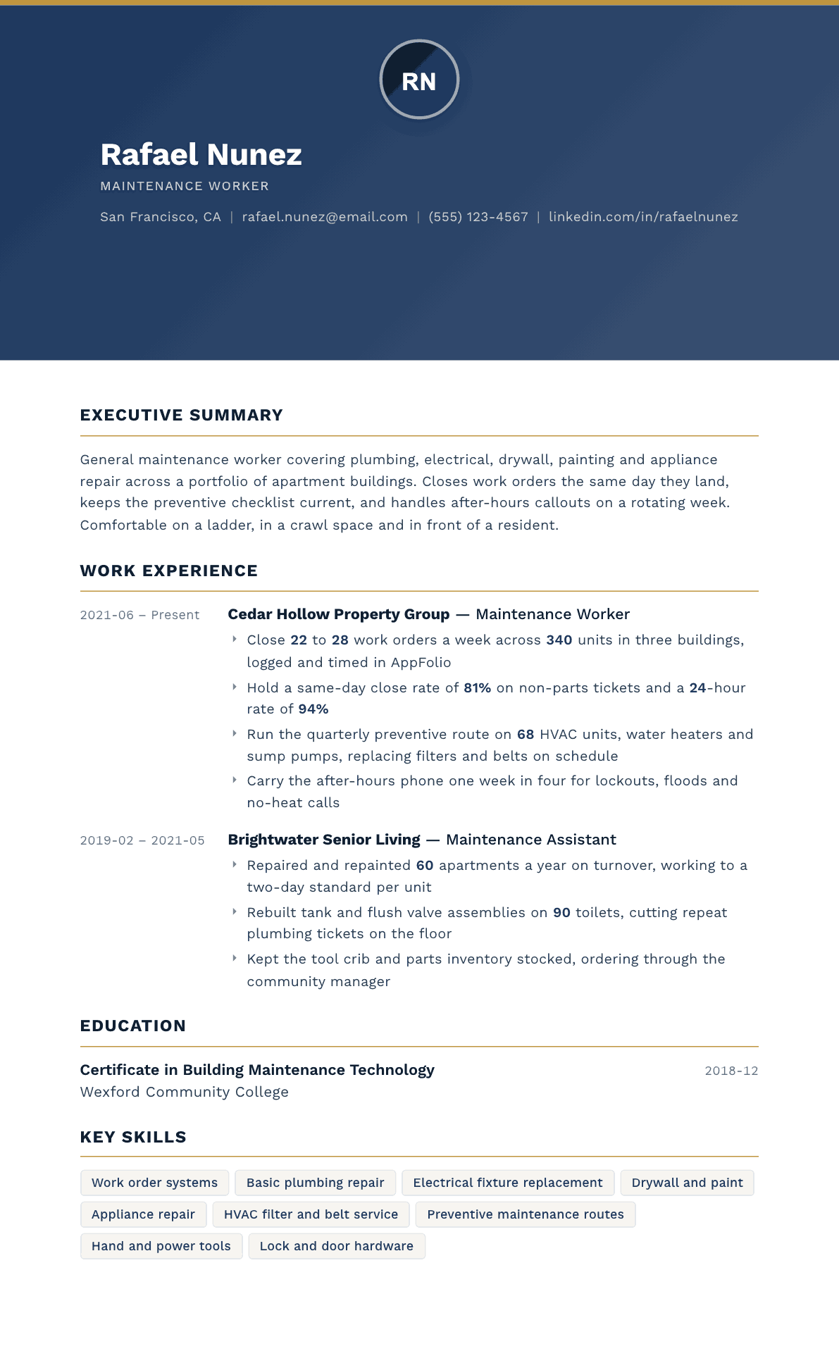 Maintenance Worker resume example, Sovereign template
