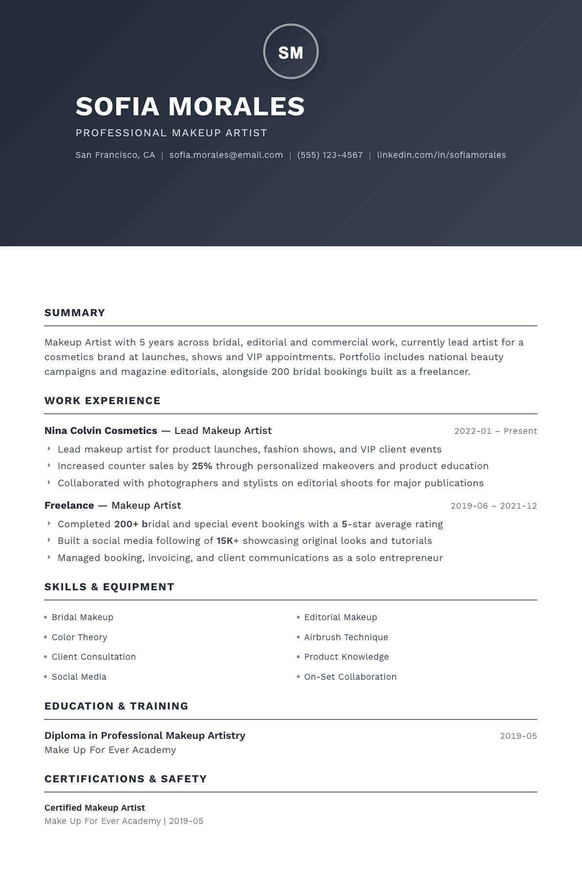 Makeup Artist resume example, Foundation template