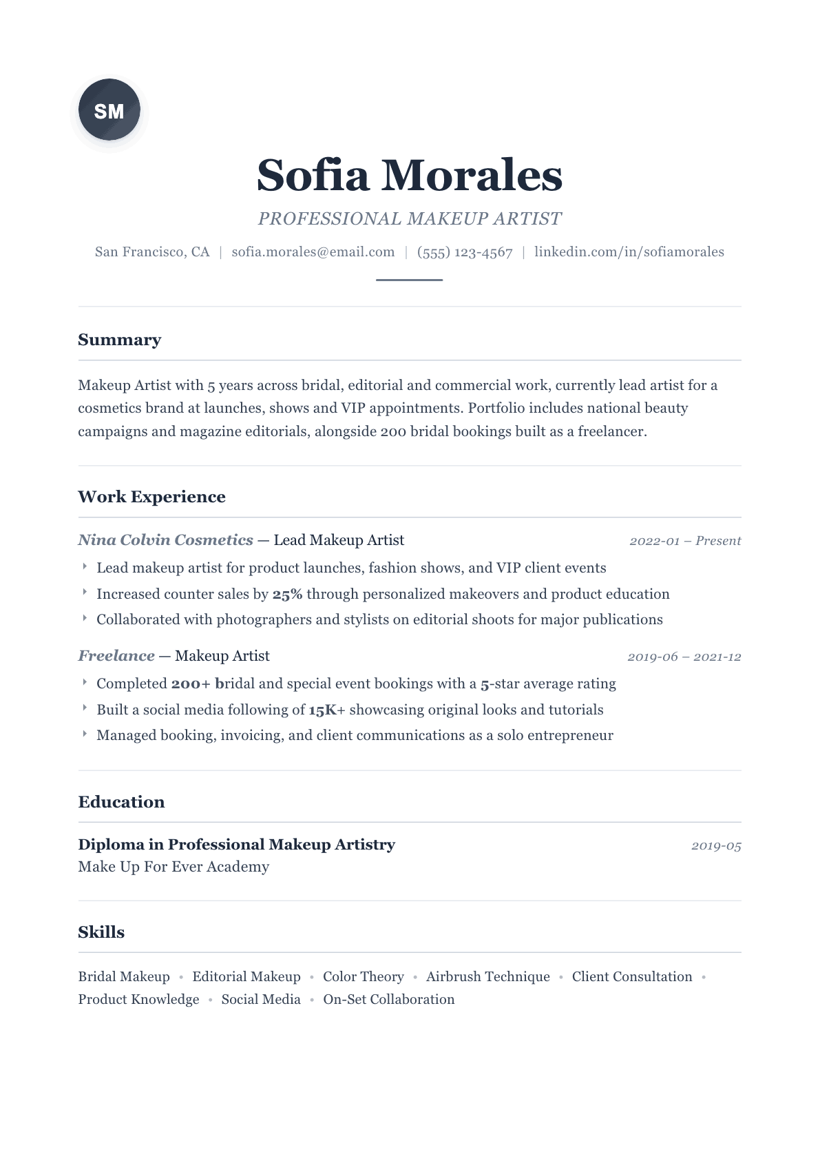 Makeup Artist resume example, Classic template