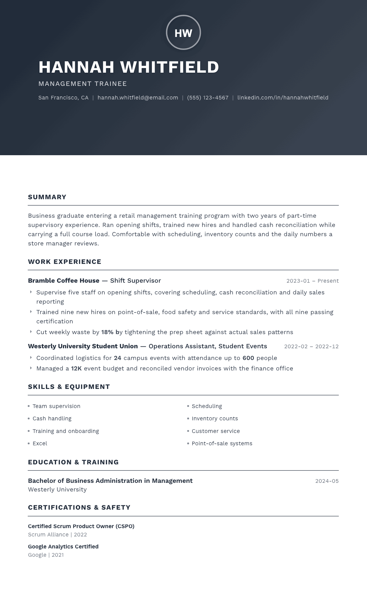 Management Trainee resume example, Foundation template