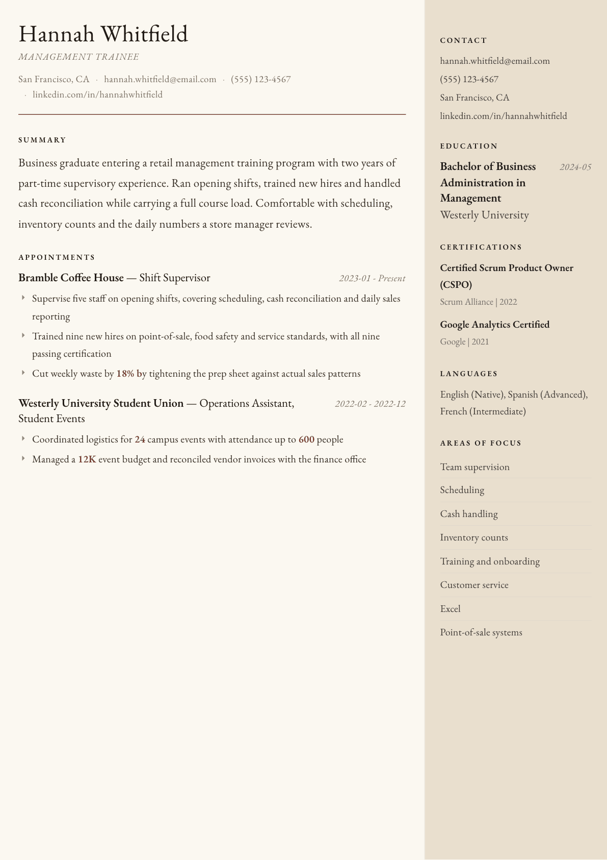 Management Trainee resume example, Manuscript template