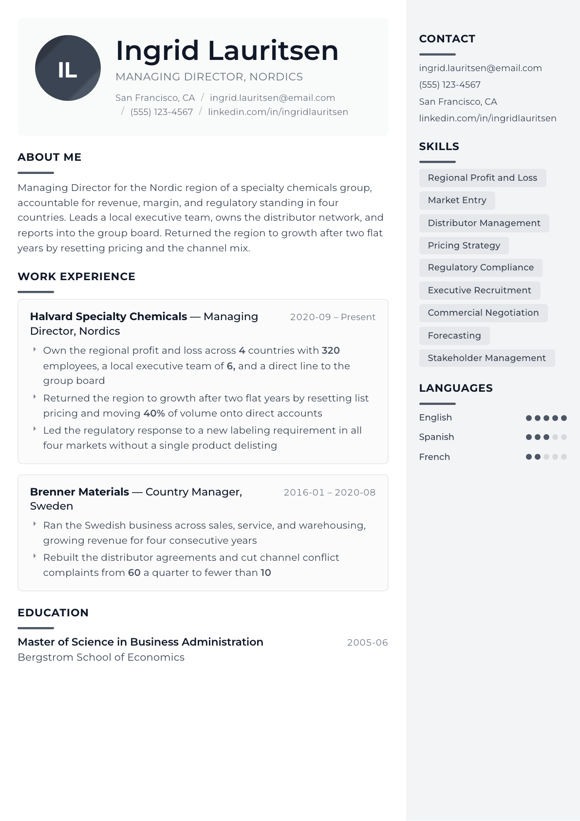 Managing Director resume example, Metropolitan template