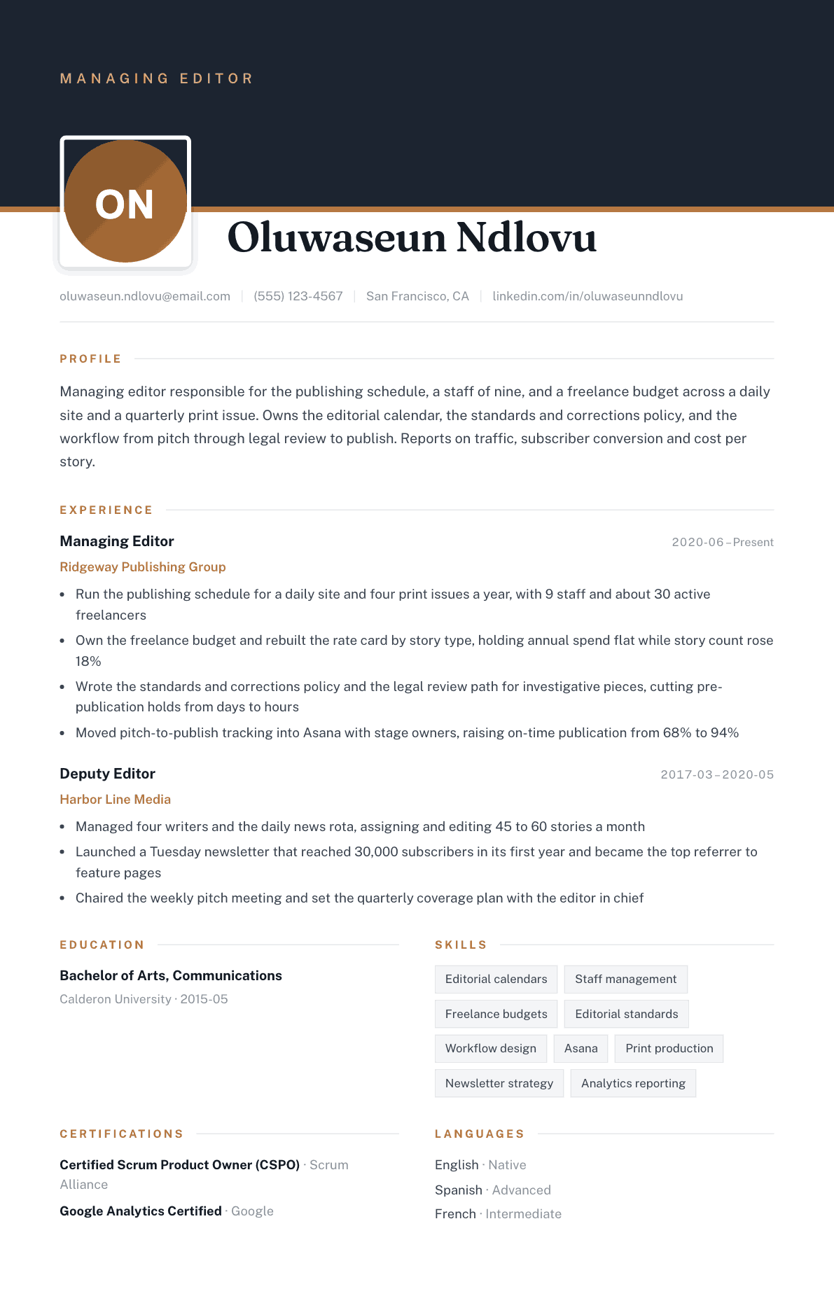 Managing Editor resume example, Atrium template