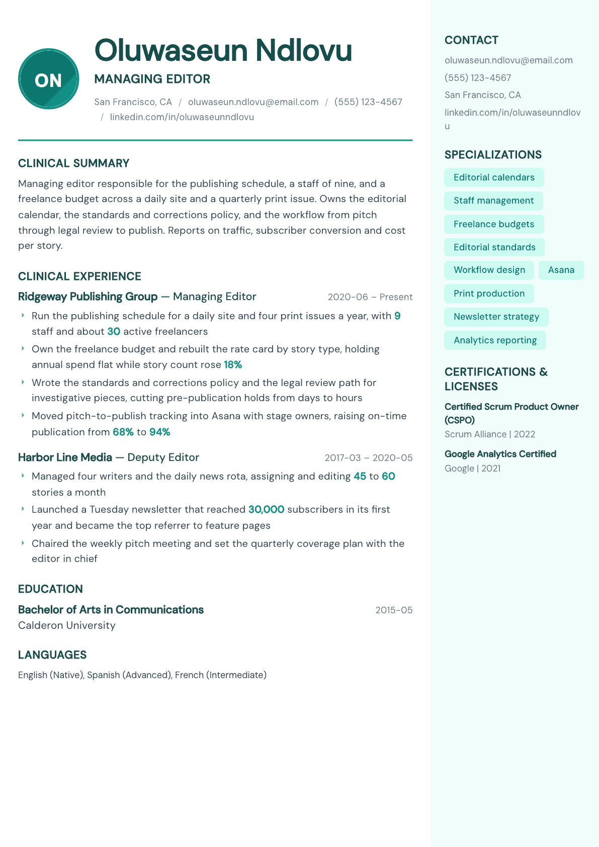 Managing Editor resume example, Remedy template