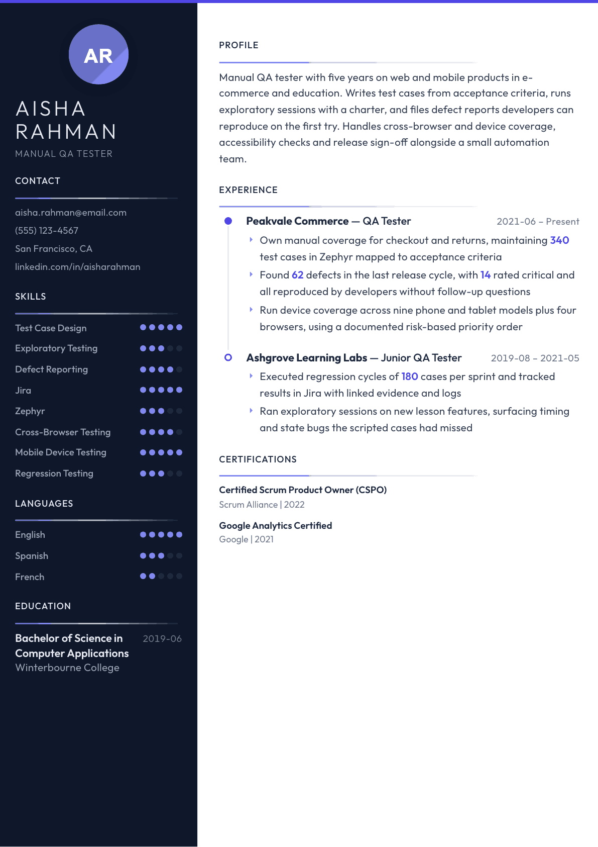 Manual QA Tester resume example, Zenith template