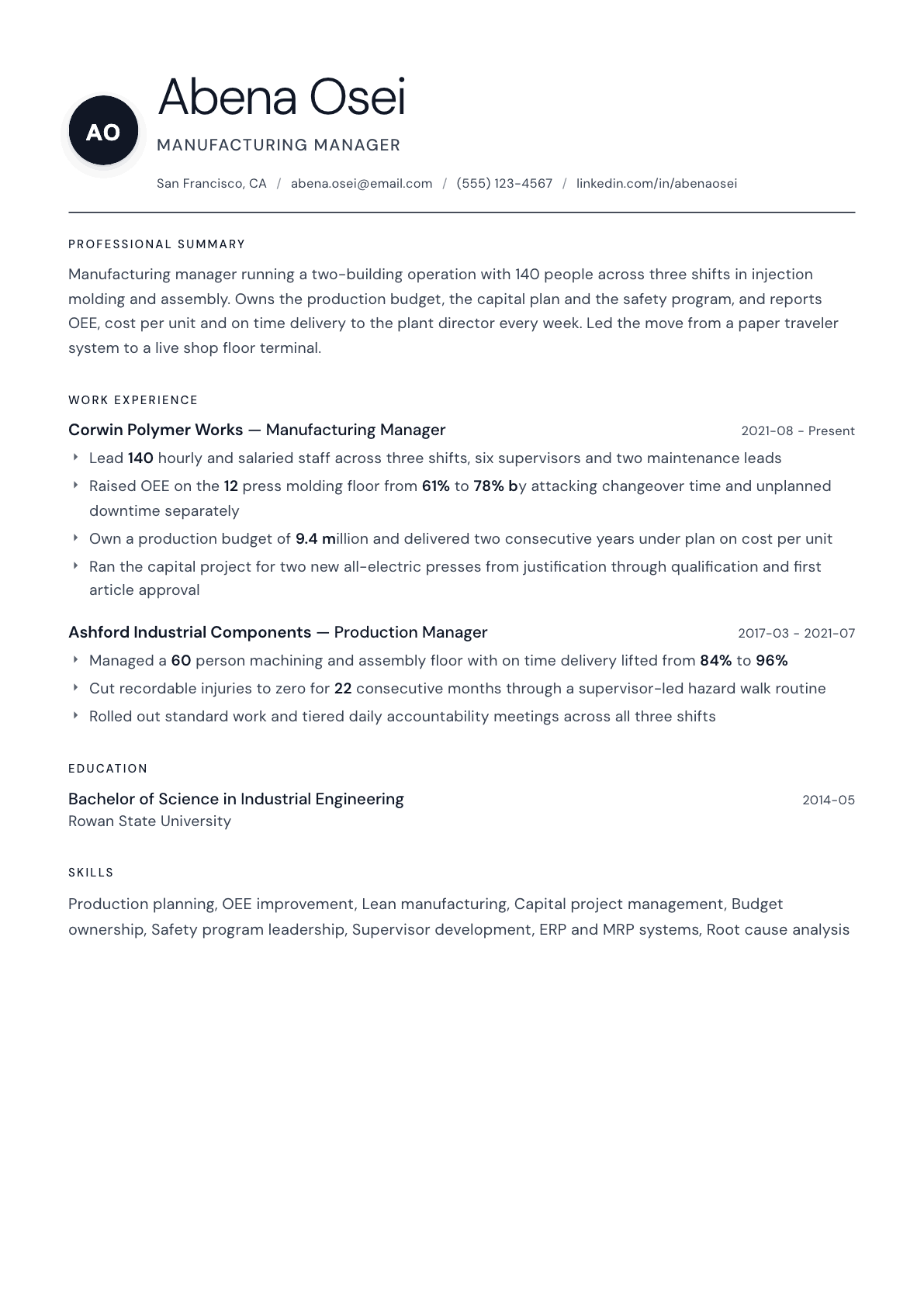 Manufacturing Manager resume example, Stockholm template