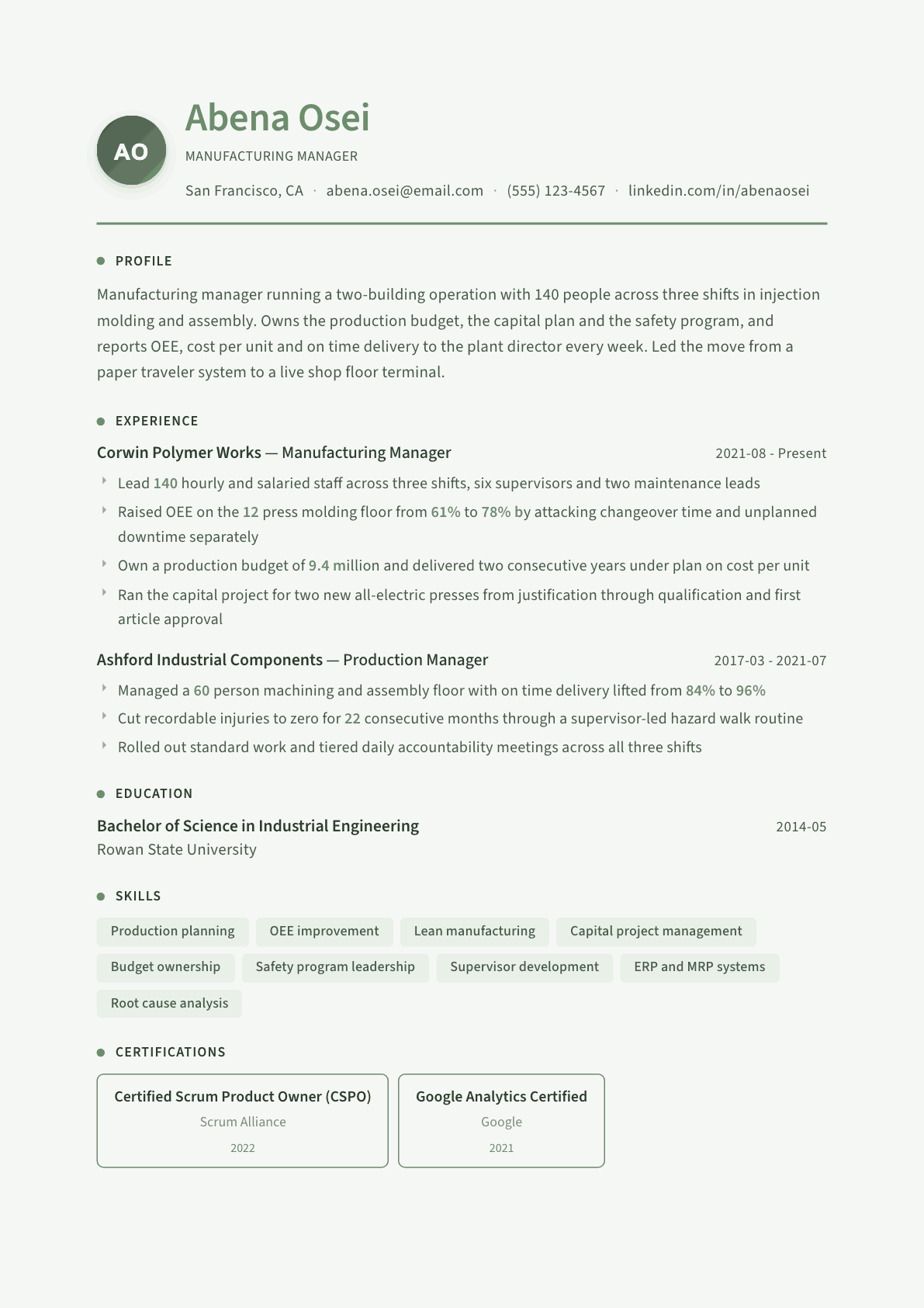 Manufacturing Manager resume example, Sage Garden template