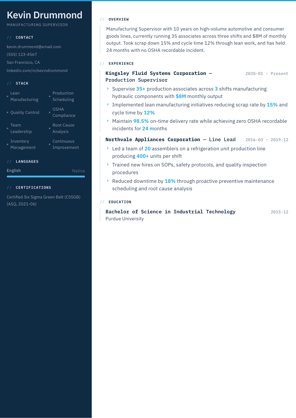 Manufacturing Supervisor resume example, Datum template