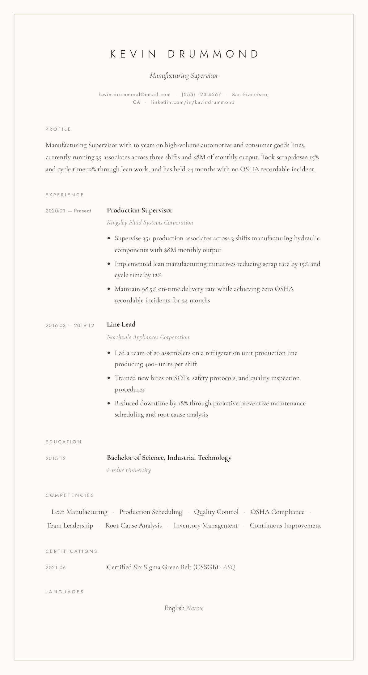 Manufacturing Supervisor resume example, Vellum template