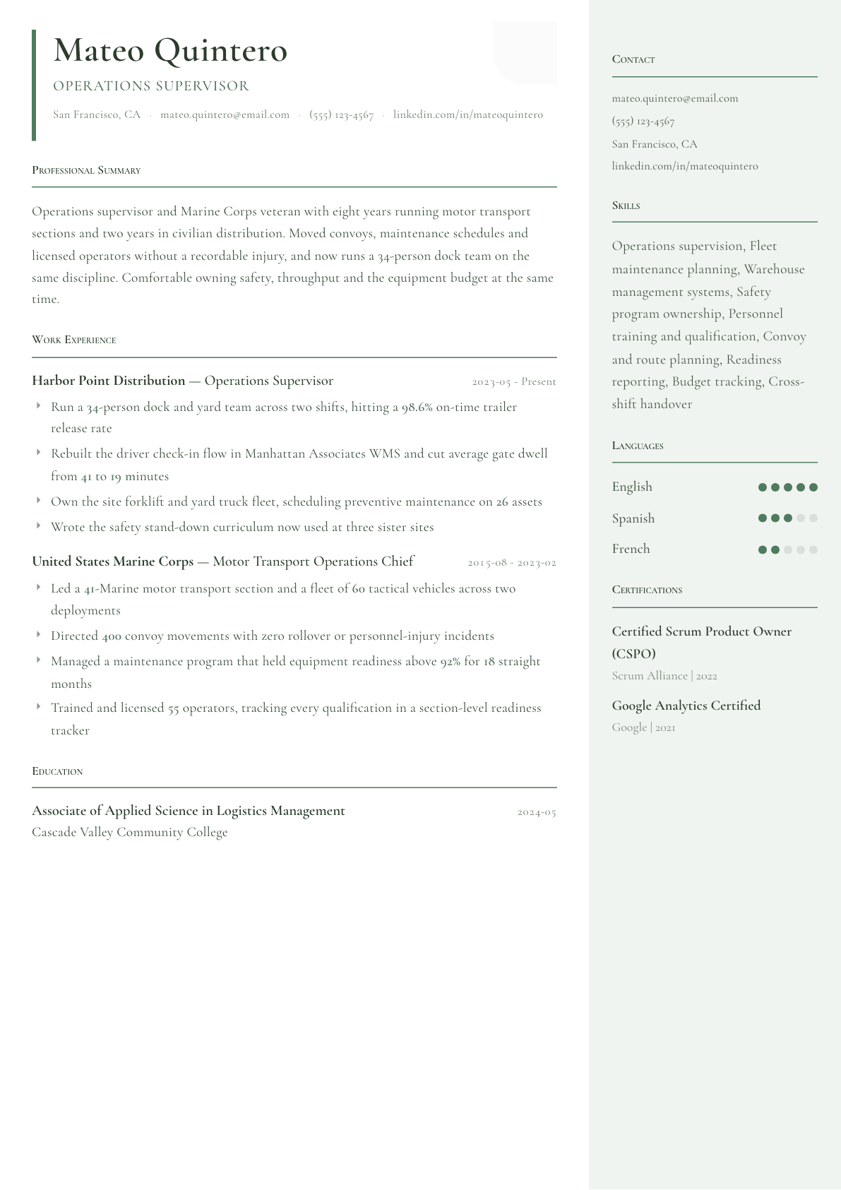 Marine Corps Veteran resume example, Copenhagen template