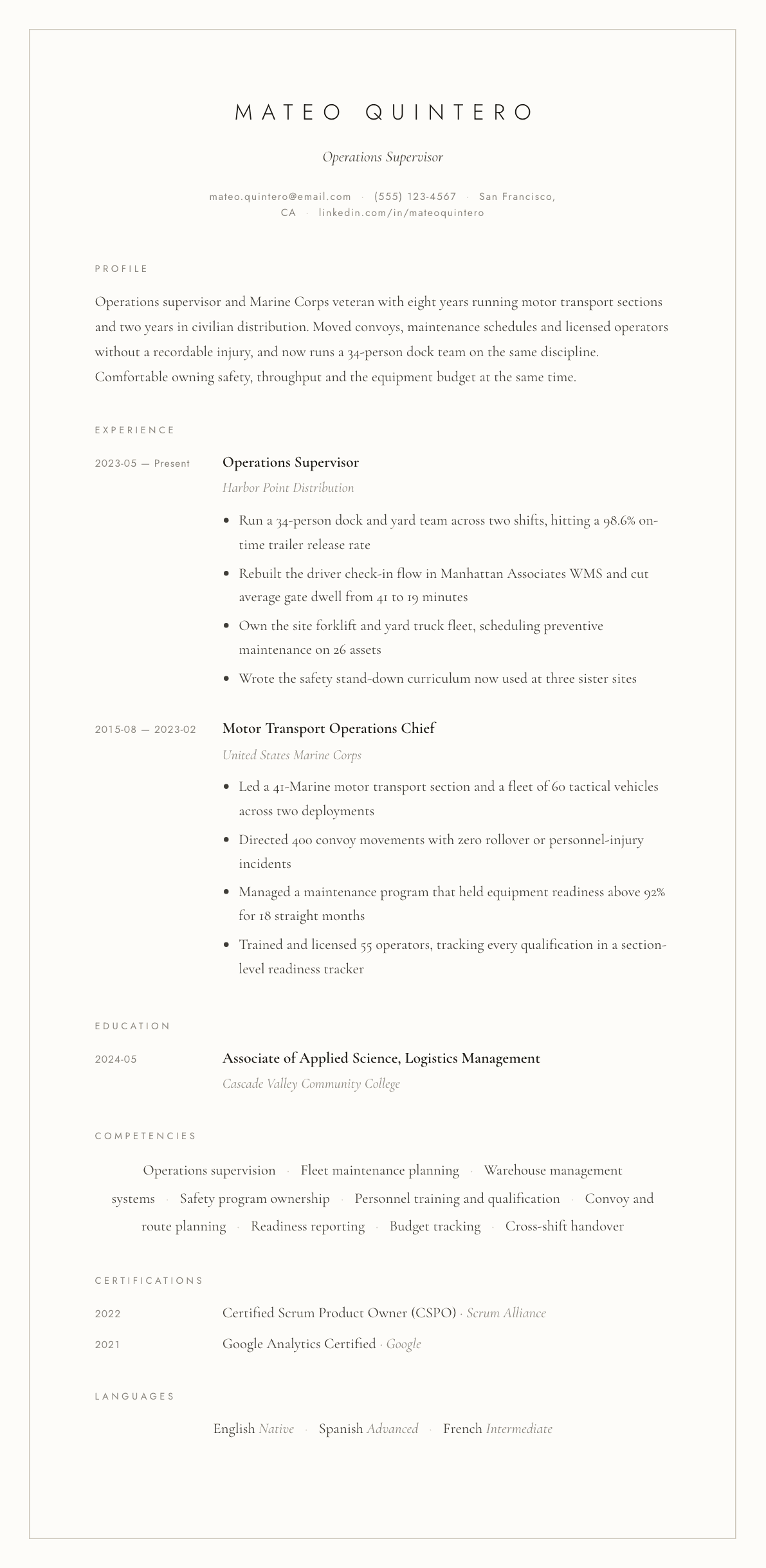 Marine Corps Veteran resume example, Vellum template