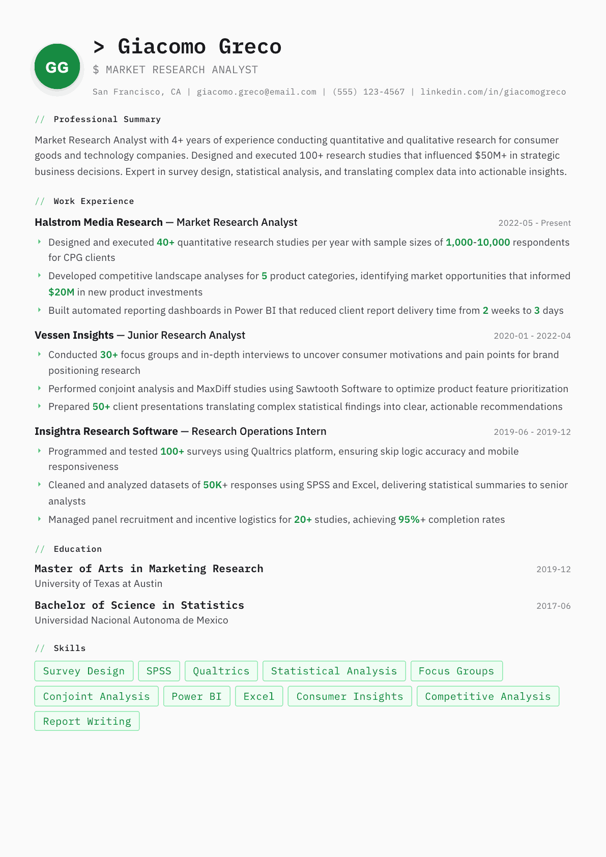 Market Research Analyst resume example, Amsterdam template