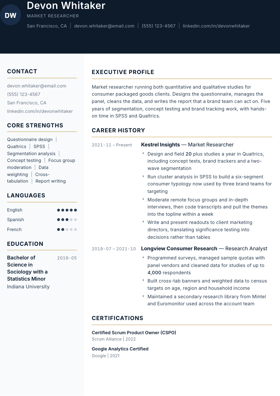 Market Researcher resume example, Consulate template