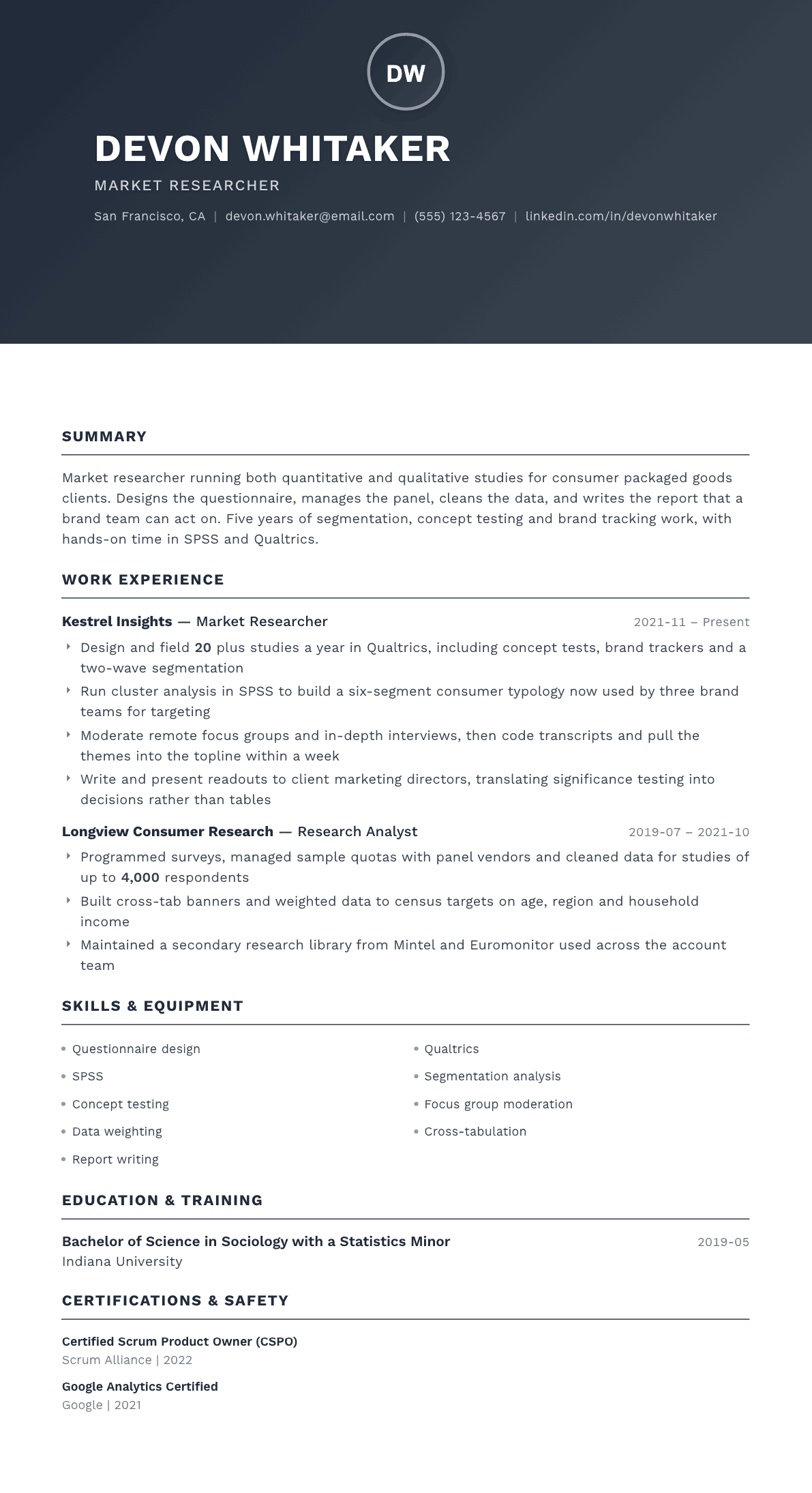 Market Researcher resume example, Foundation template