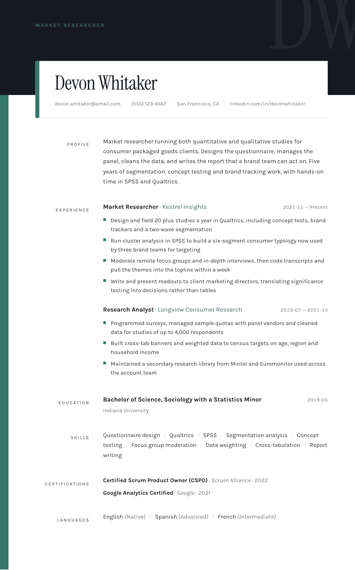Market Researcher resume example, Quarto template