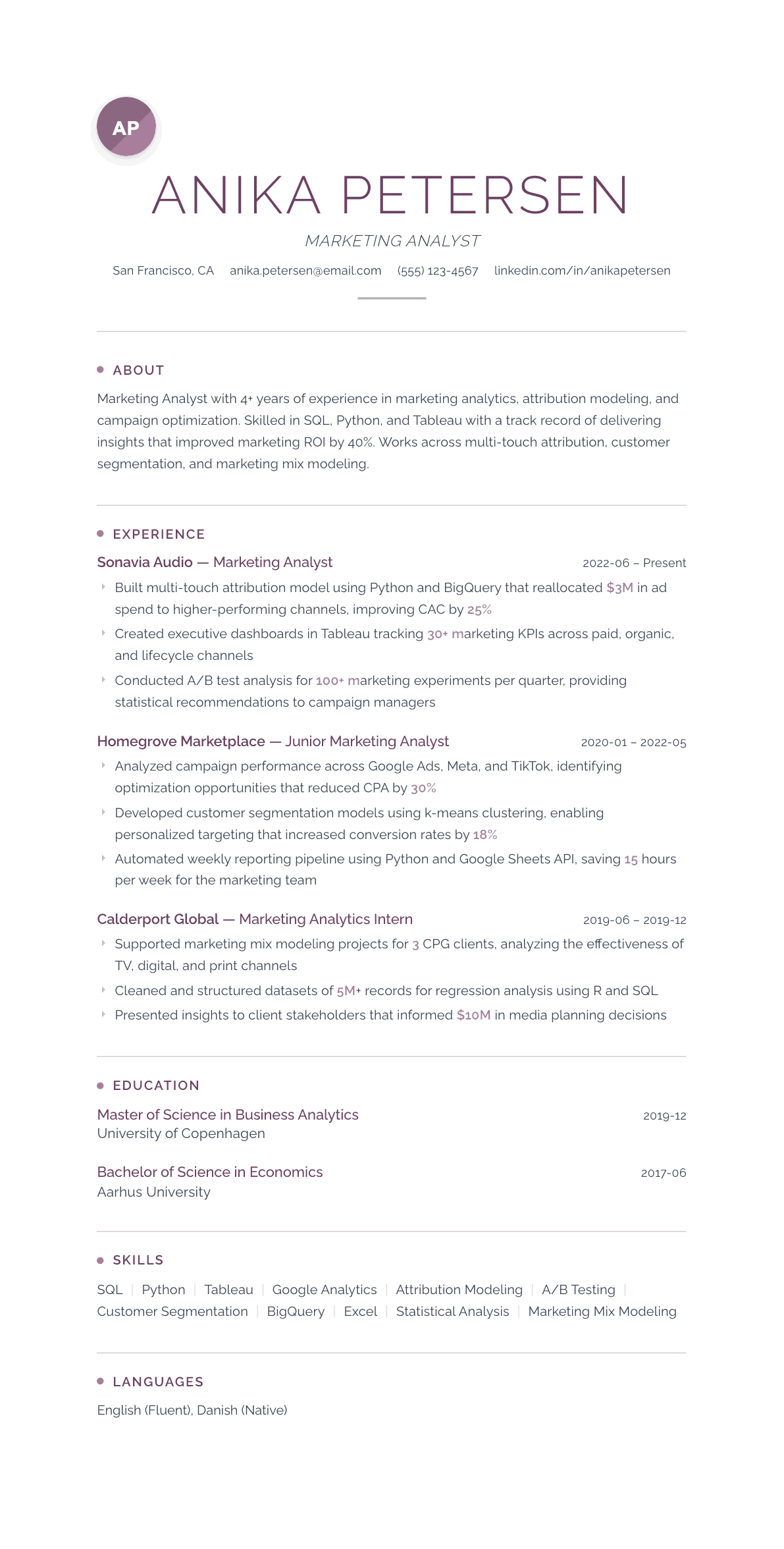 Marketing Analyst resume example, Serenity template