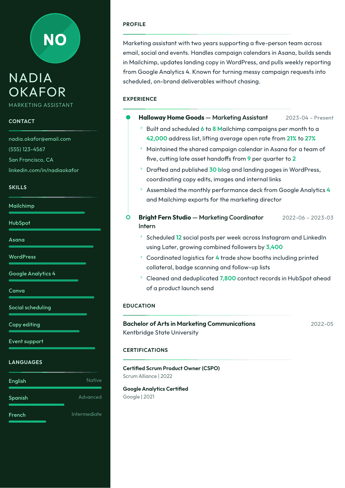 Marketing Assistant resume example, Meridian template