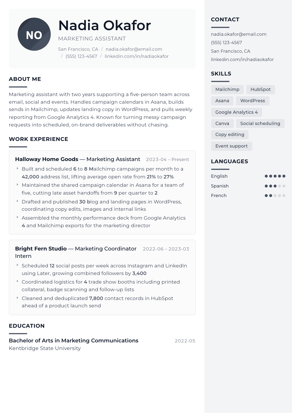 Marketing Assistant resume example, Metropolitan template