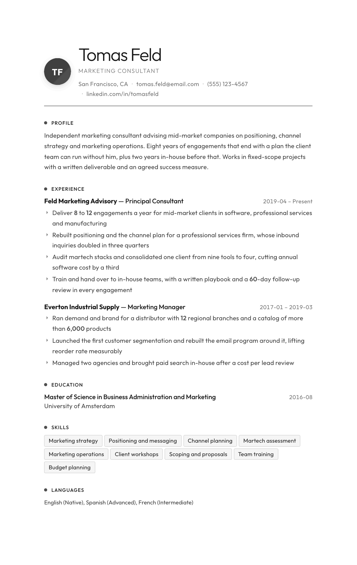 Marketing Consultant resume example, Flux template