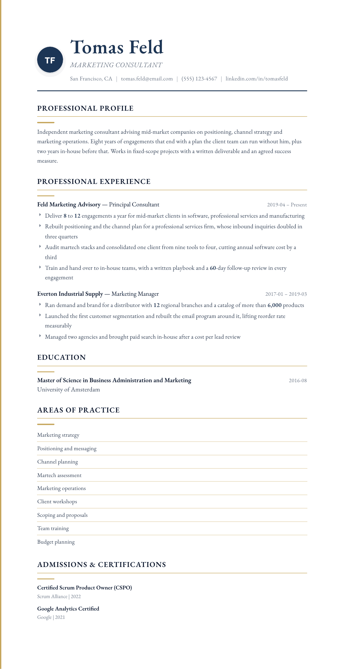 Marketing Consultant resume example, Folio template