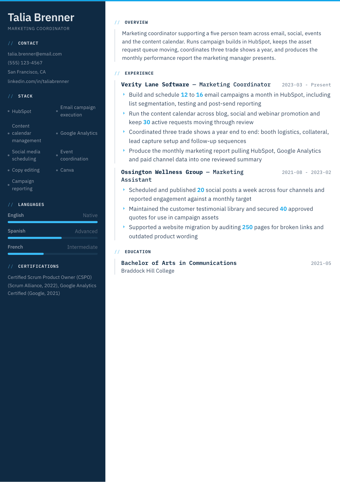 Marketing Coordinator resume example, Datum template