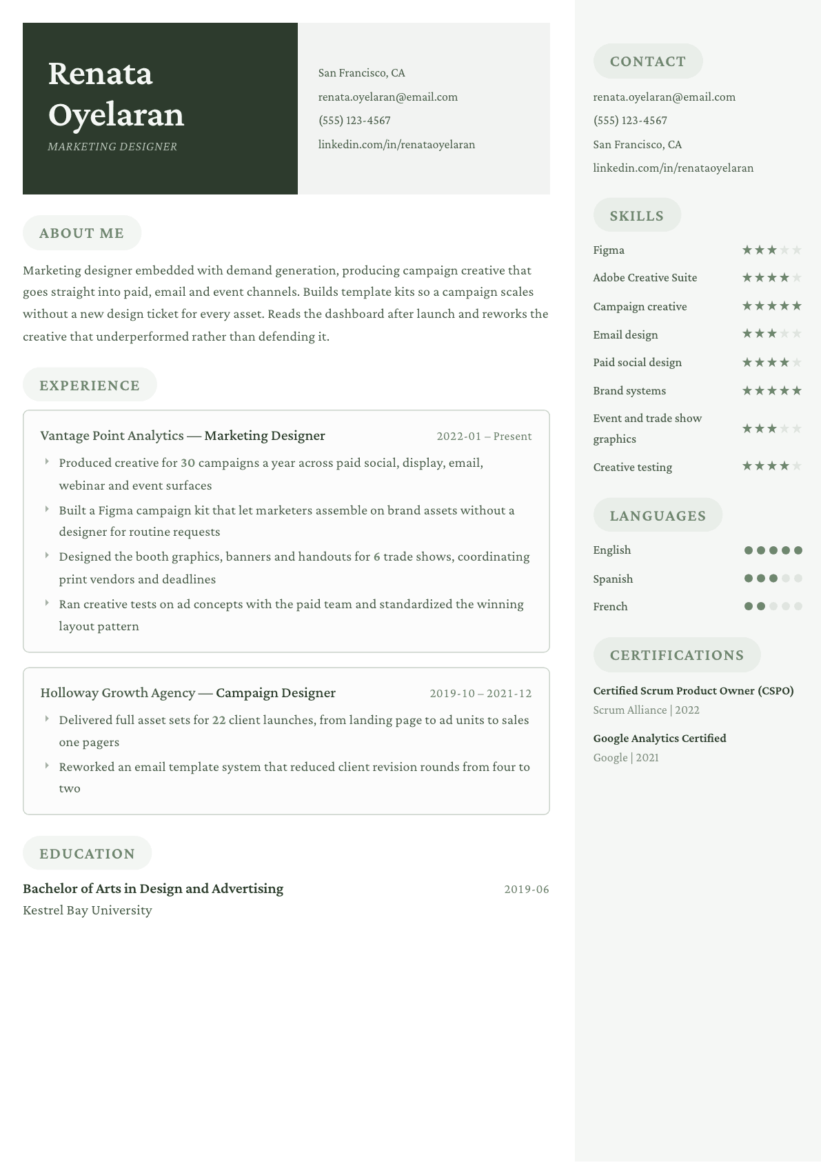 Marketing Designer resume example, Mayfair template