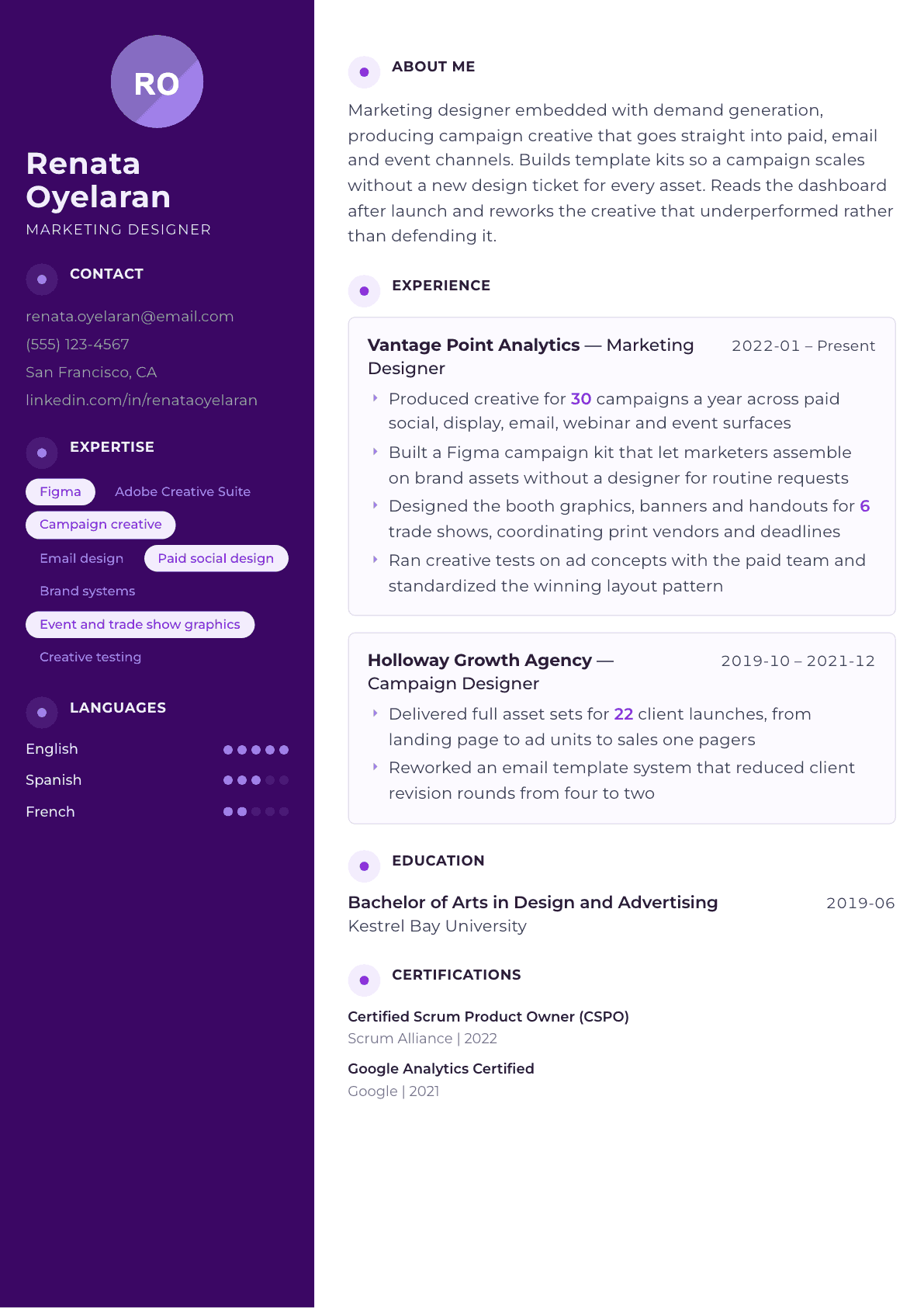 Marketing Designer resume example, Palette template