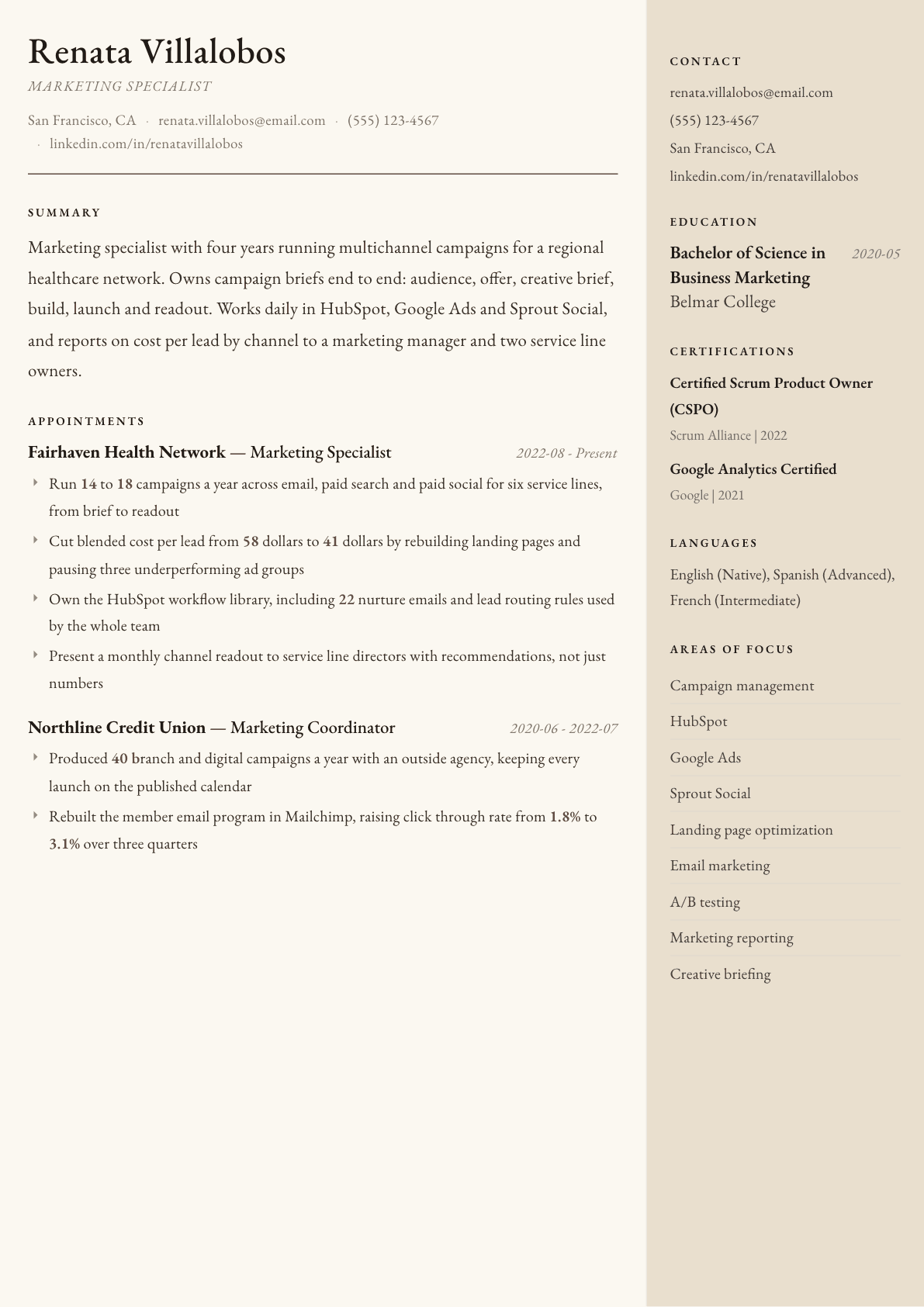 Marketing Specialist resume example, Manuscript template