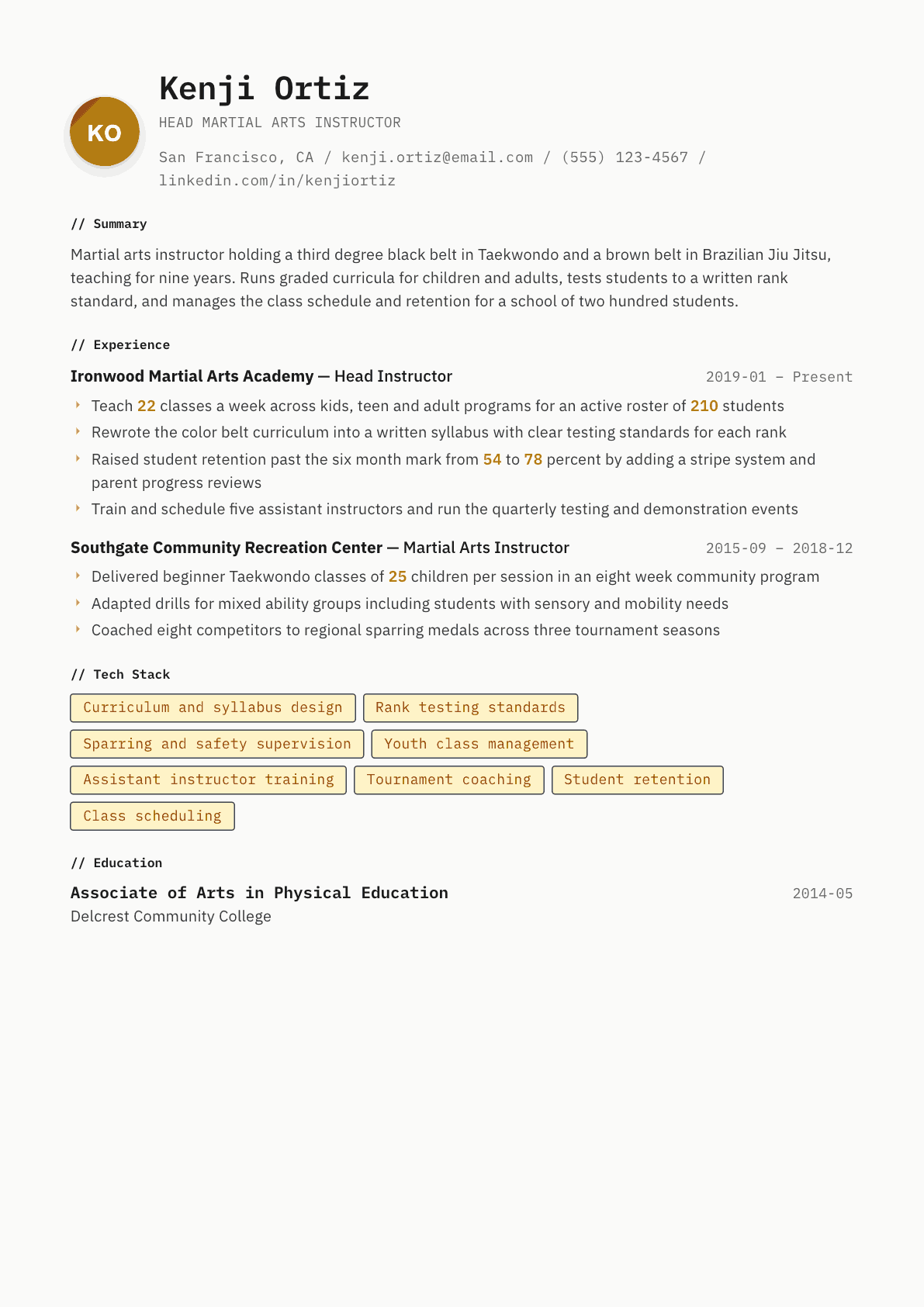 Martial Arts Instructor resume example, Inkwell template