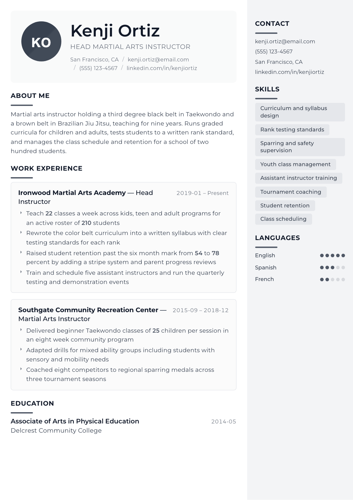 Martial Arts Instructor resume example, Metropolitan template
