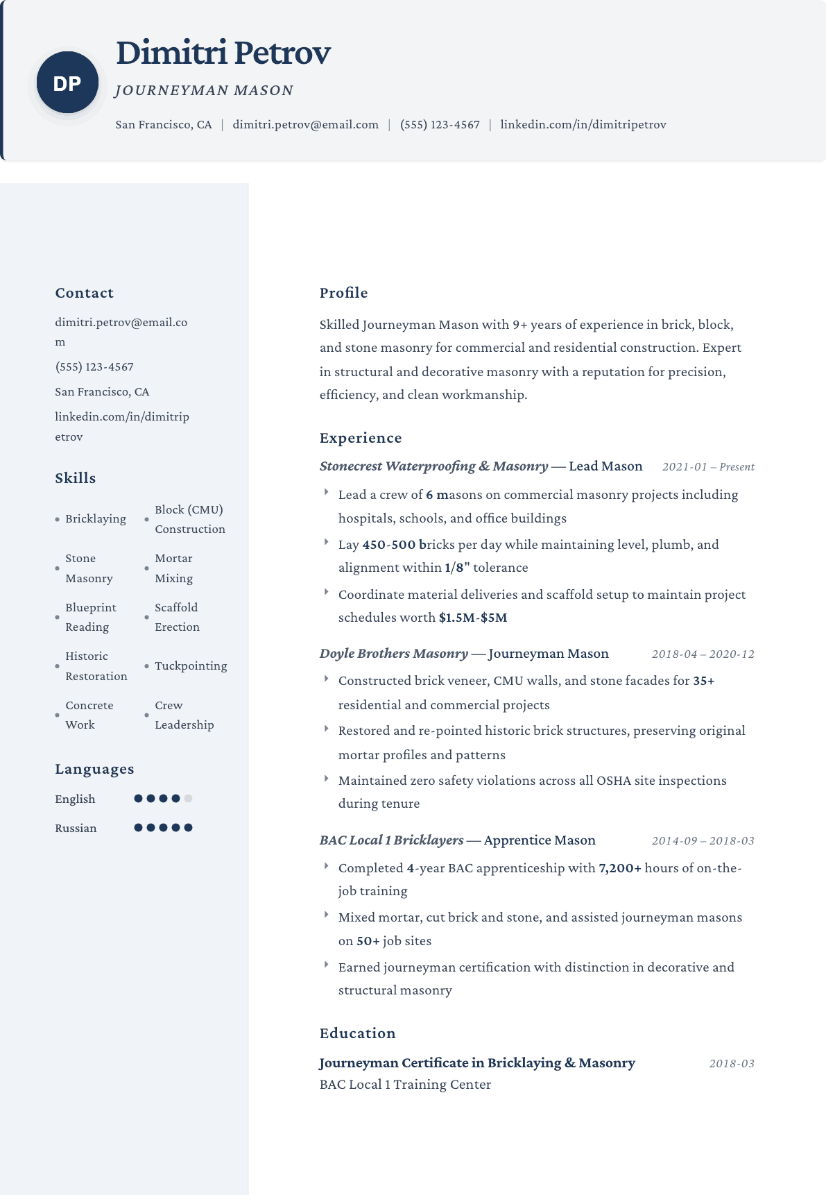 Masonry Worker resume example, Formal template