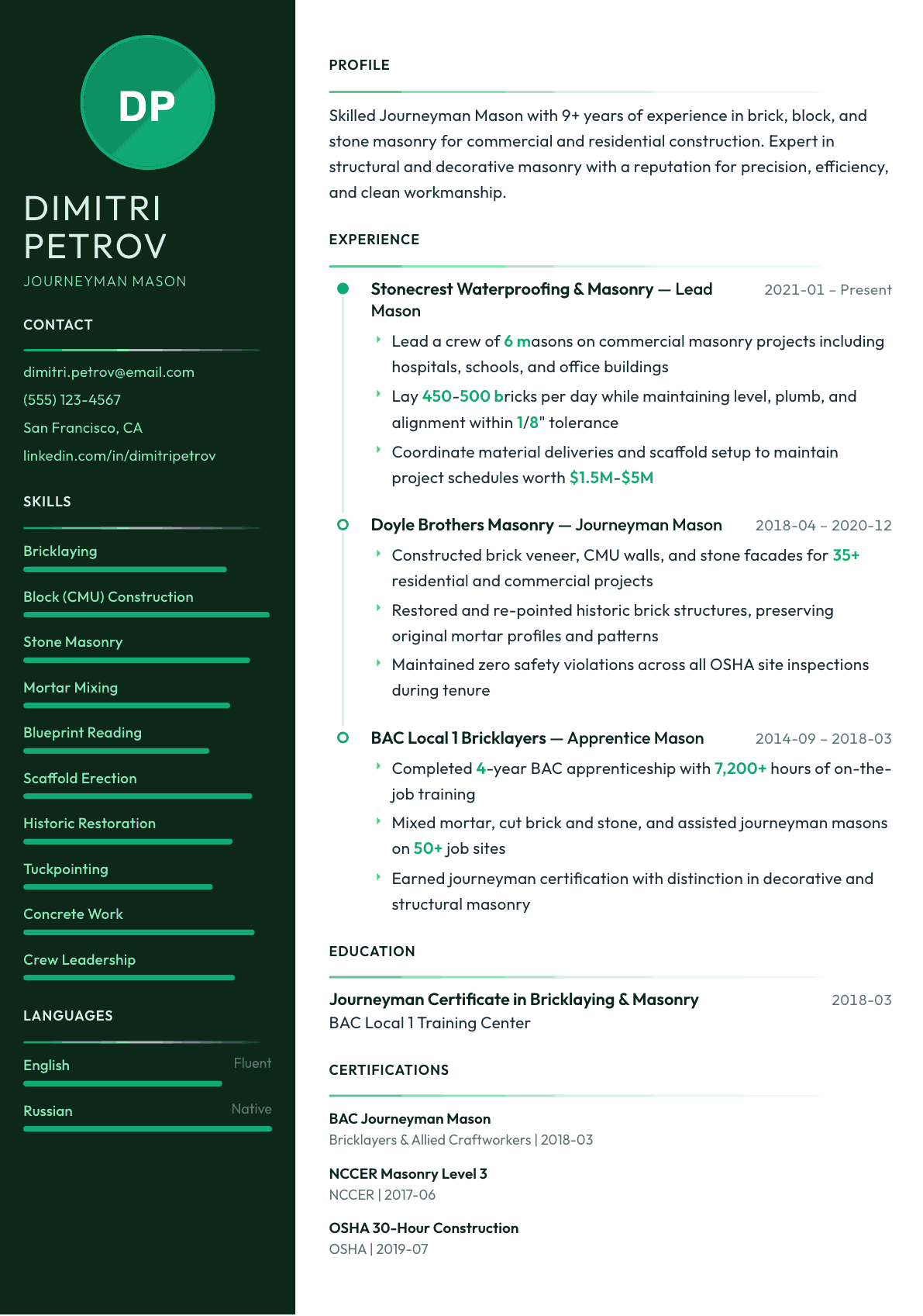 Masonry Worker resume example, Meridian template