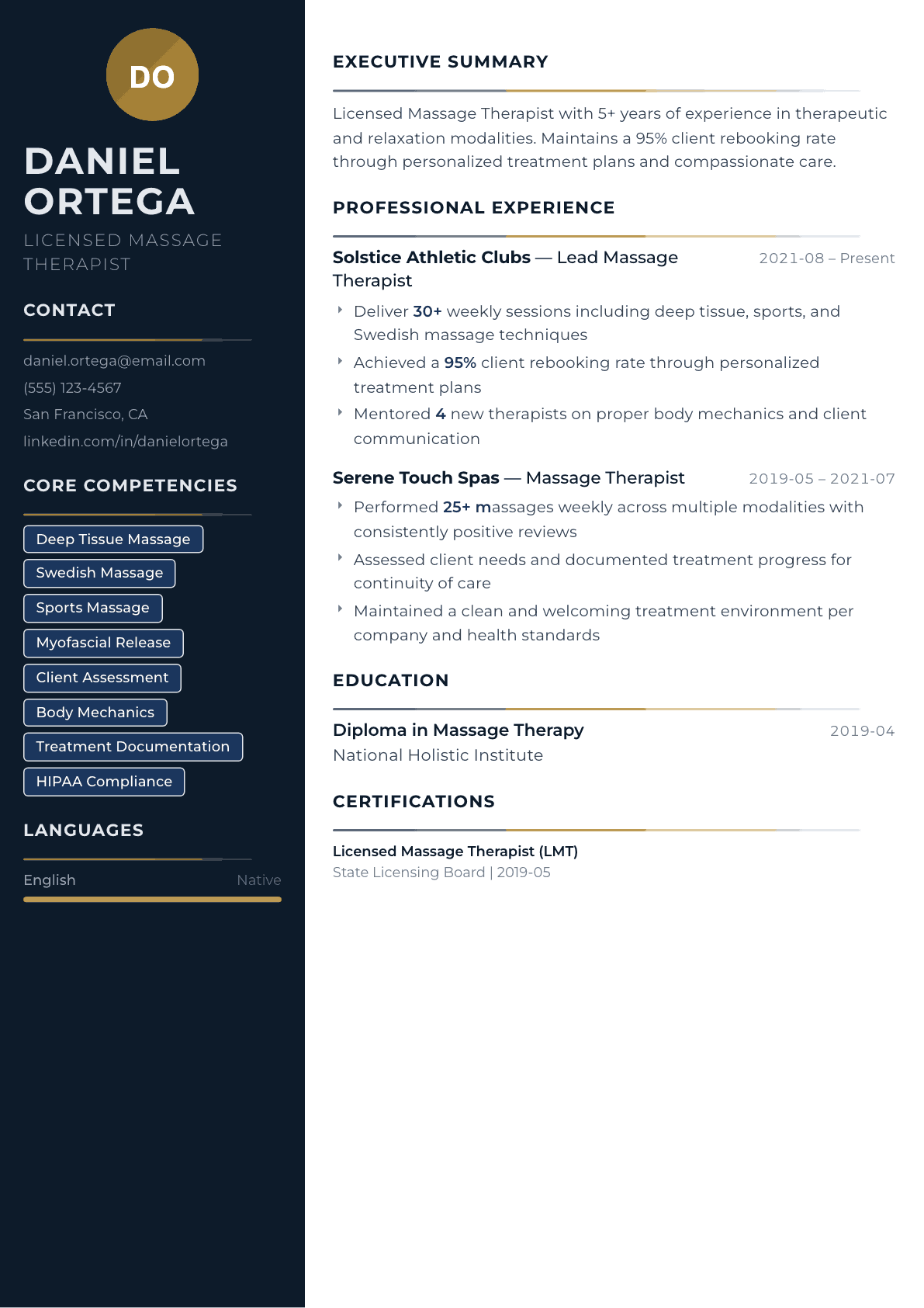 Massage Therapist resume example, Catalyst template