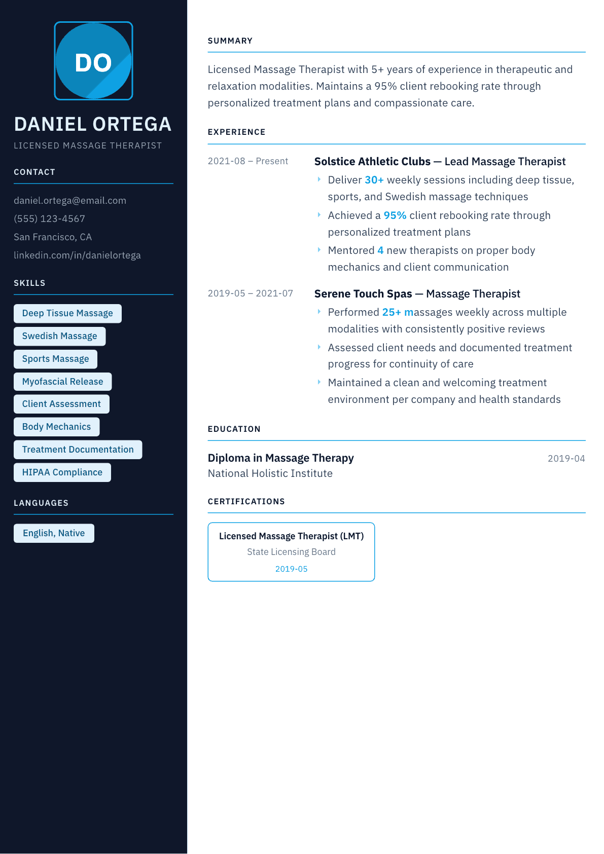 Massage Therapist resume example, Everest template