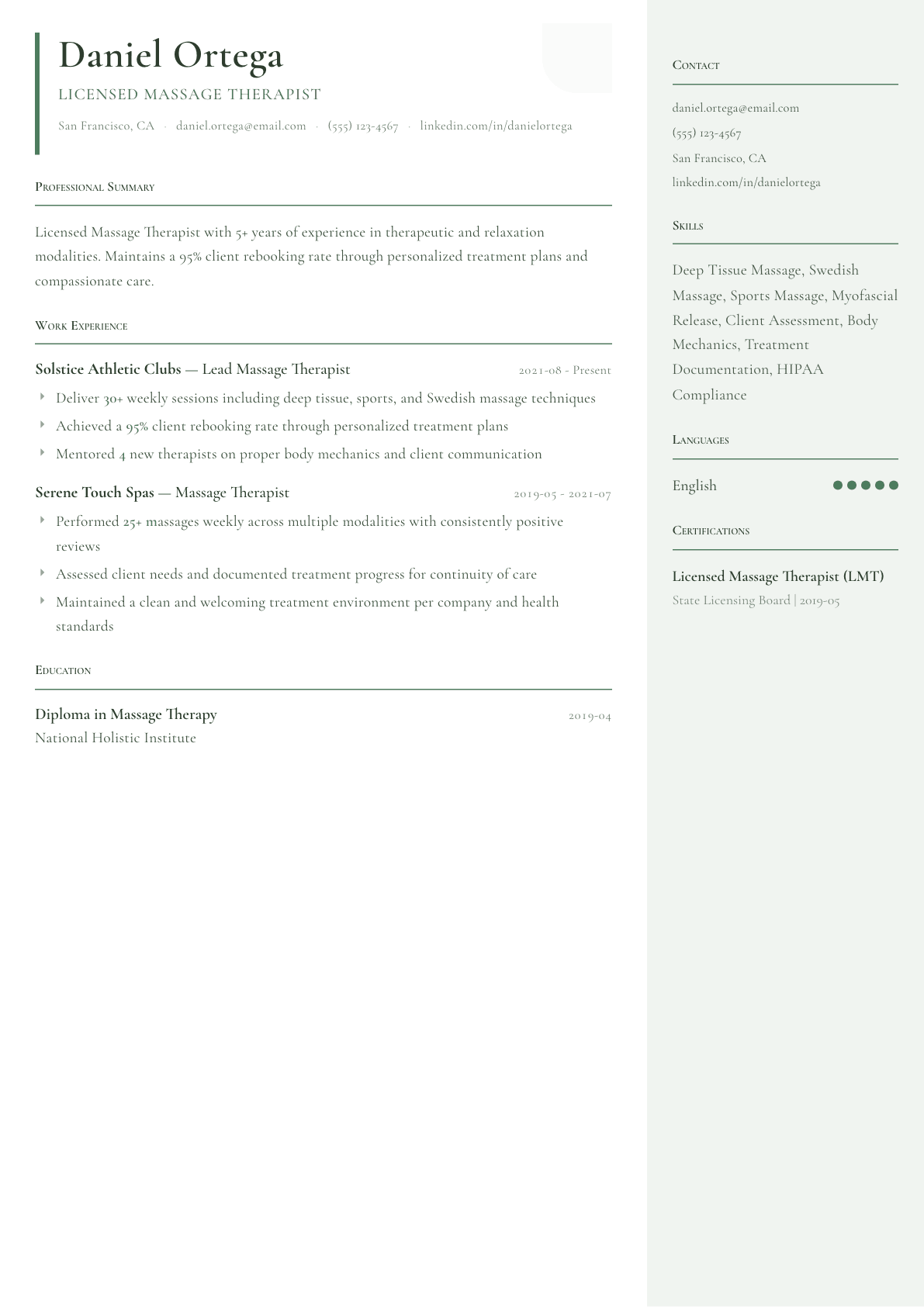 Massage Therapist resume example, Copenhagen template