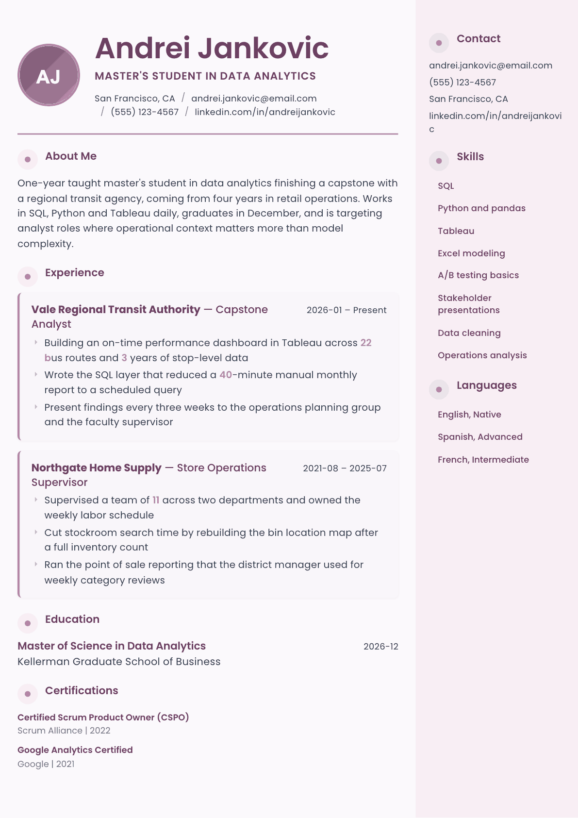 Master's Student resume example, Bloom template