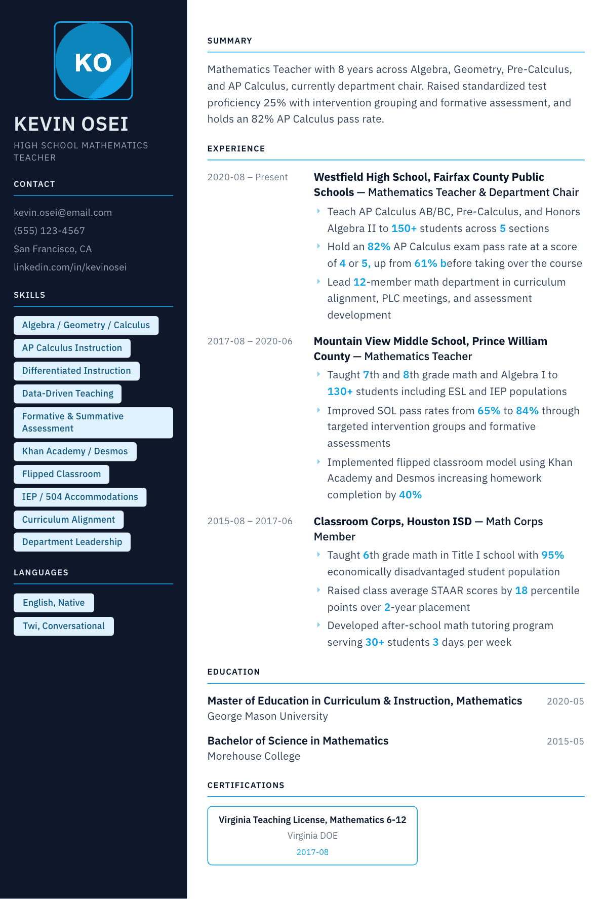 Math Teacher resume example, Everest template
