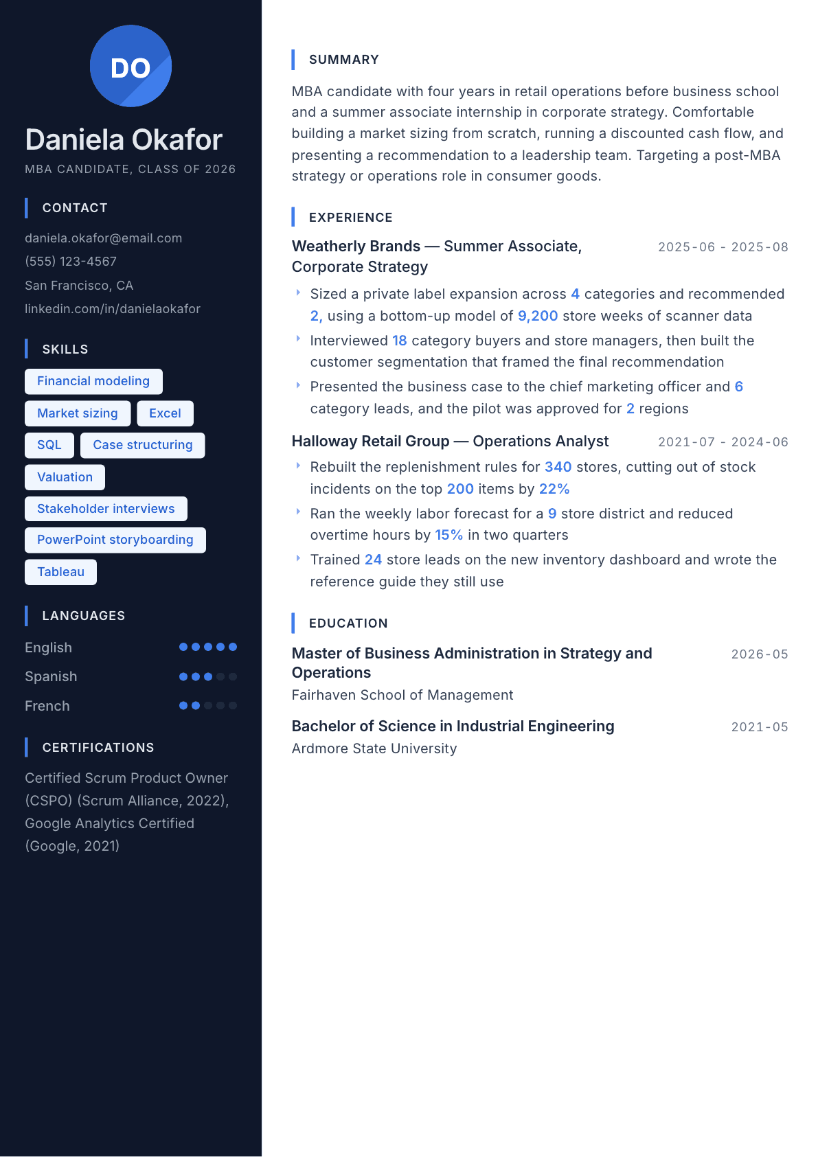 MBA Graduate resume example, Midnight Sapphire template