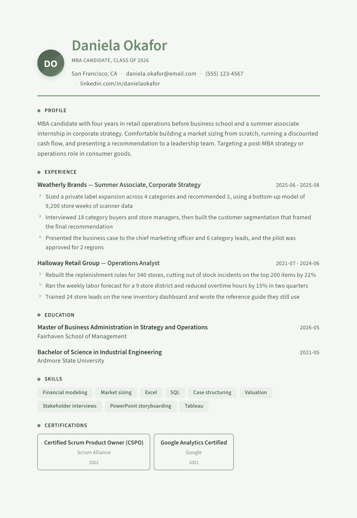 MBA Graduate resume example, Sage Garden template