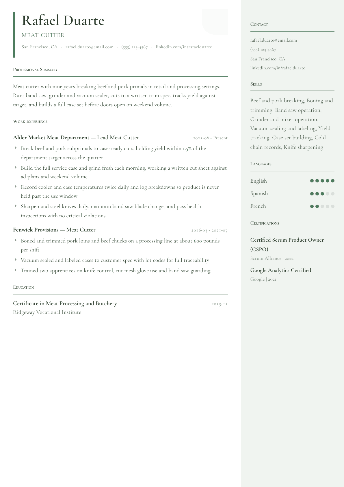 Meat Cutter resume example, Copenhagen template