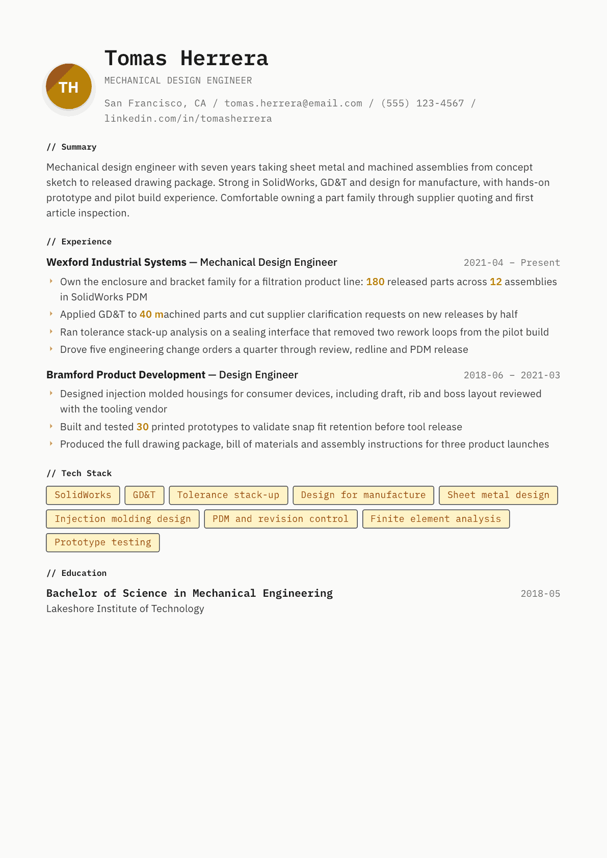 Mechanical Design Engineer resume example, Inkwell template
