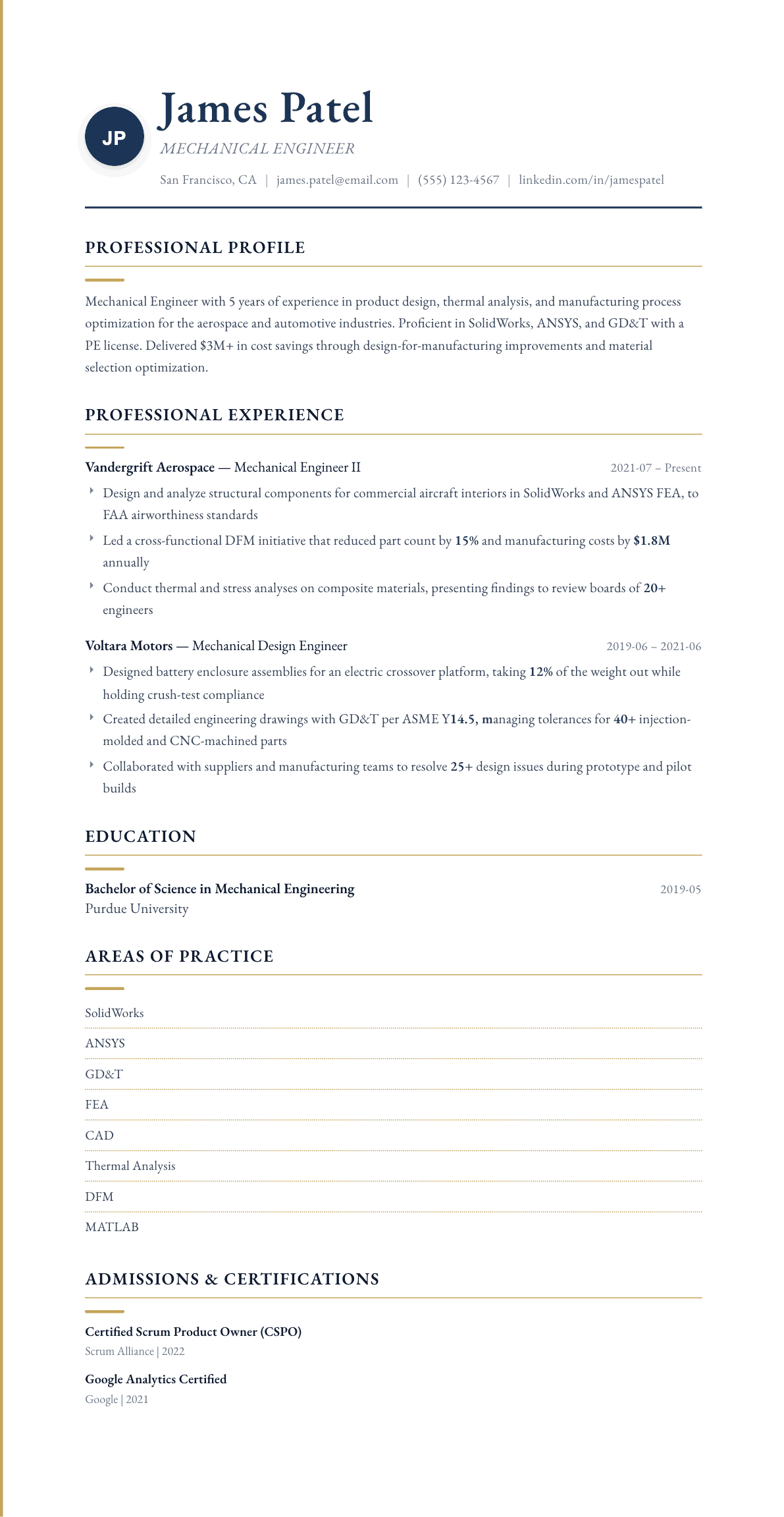 Mechanical Engineer resume example, Folio template