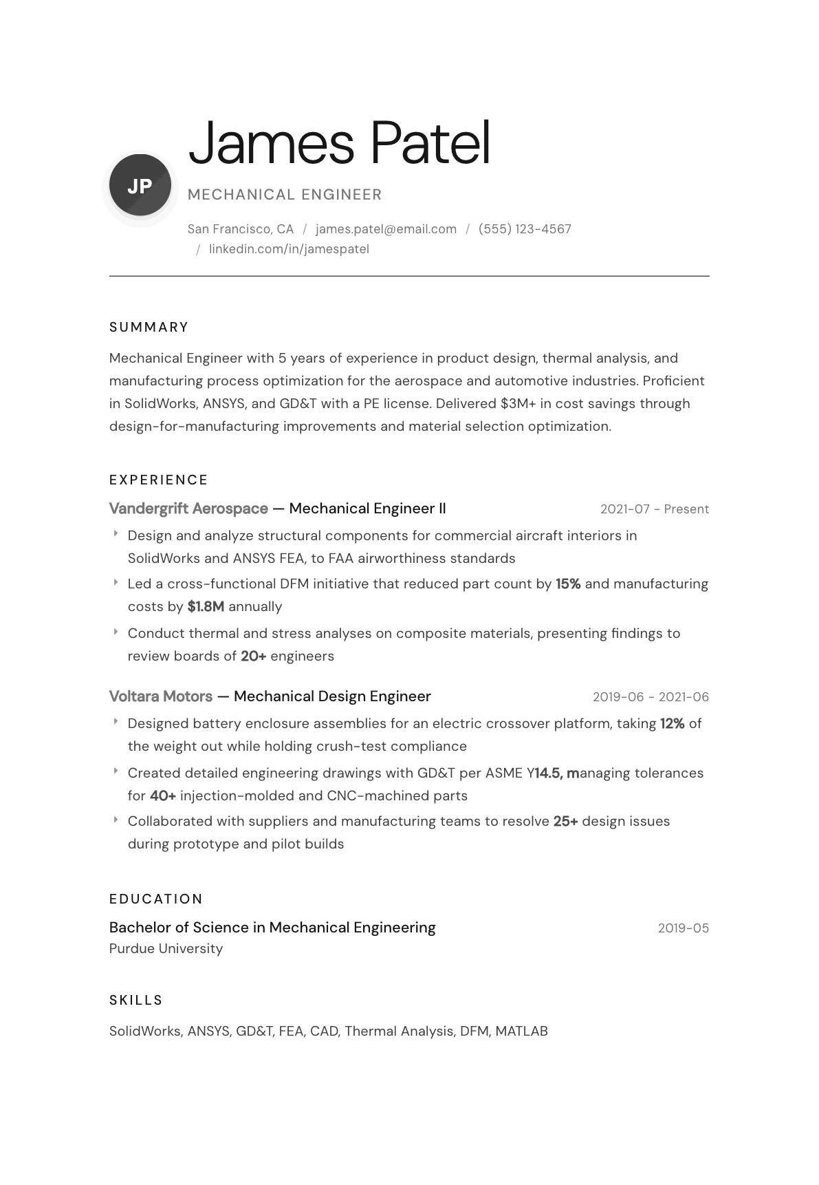 Mechanical Engineer resume example, Whisper template